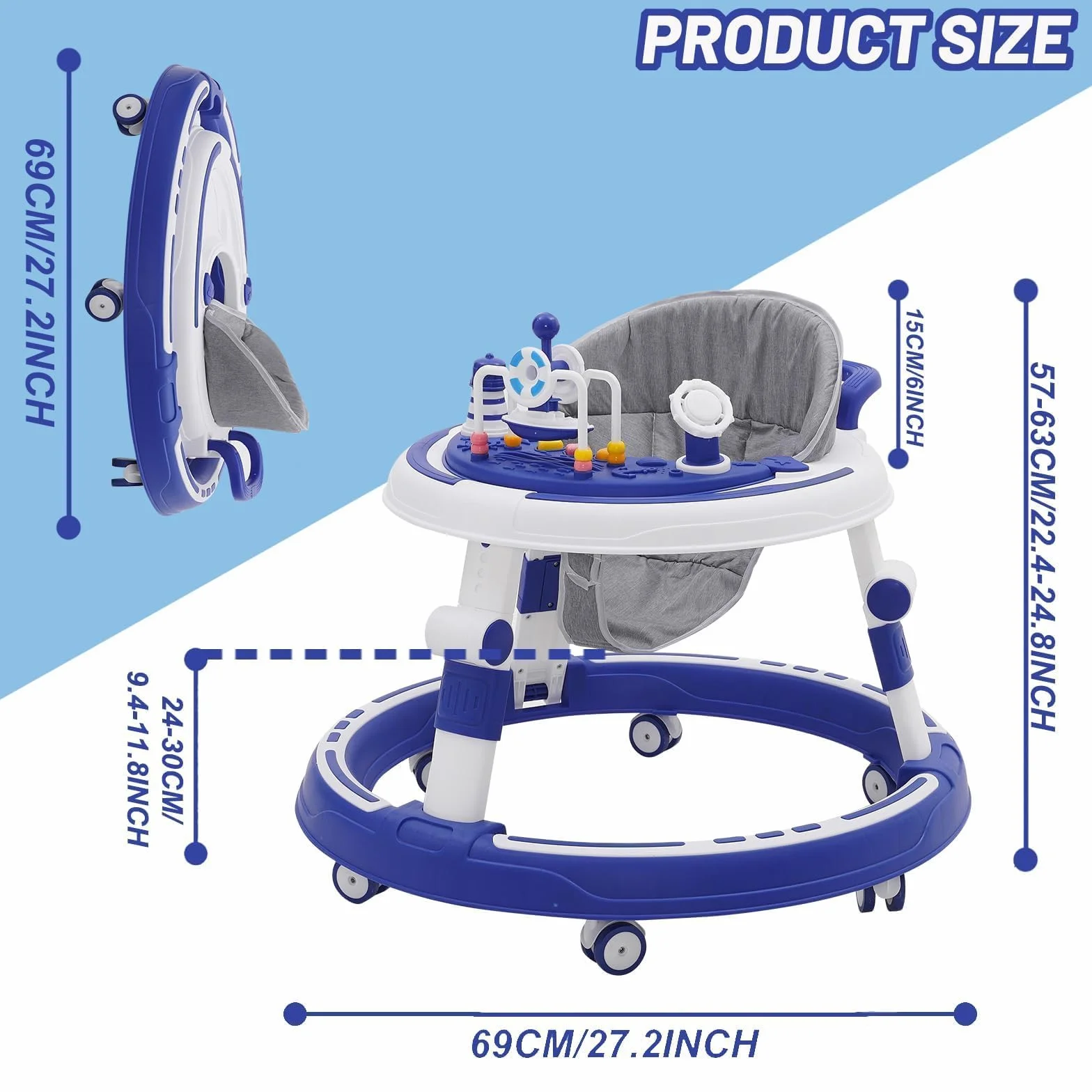 5 w 1 chodzik Baby Walker, z regulacją wysokości, składane, 360°, z muzyką i zdejmowaną tacą, nadaje się dla dzieci od 6 miesięcy