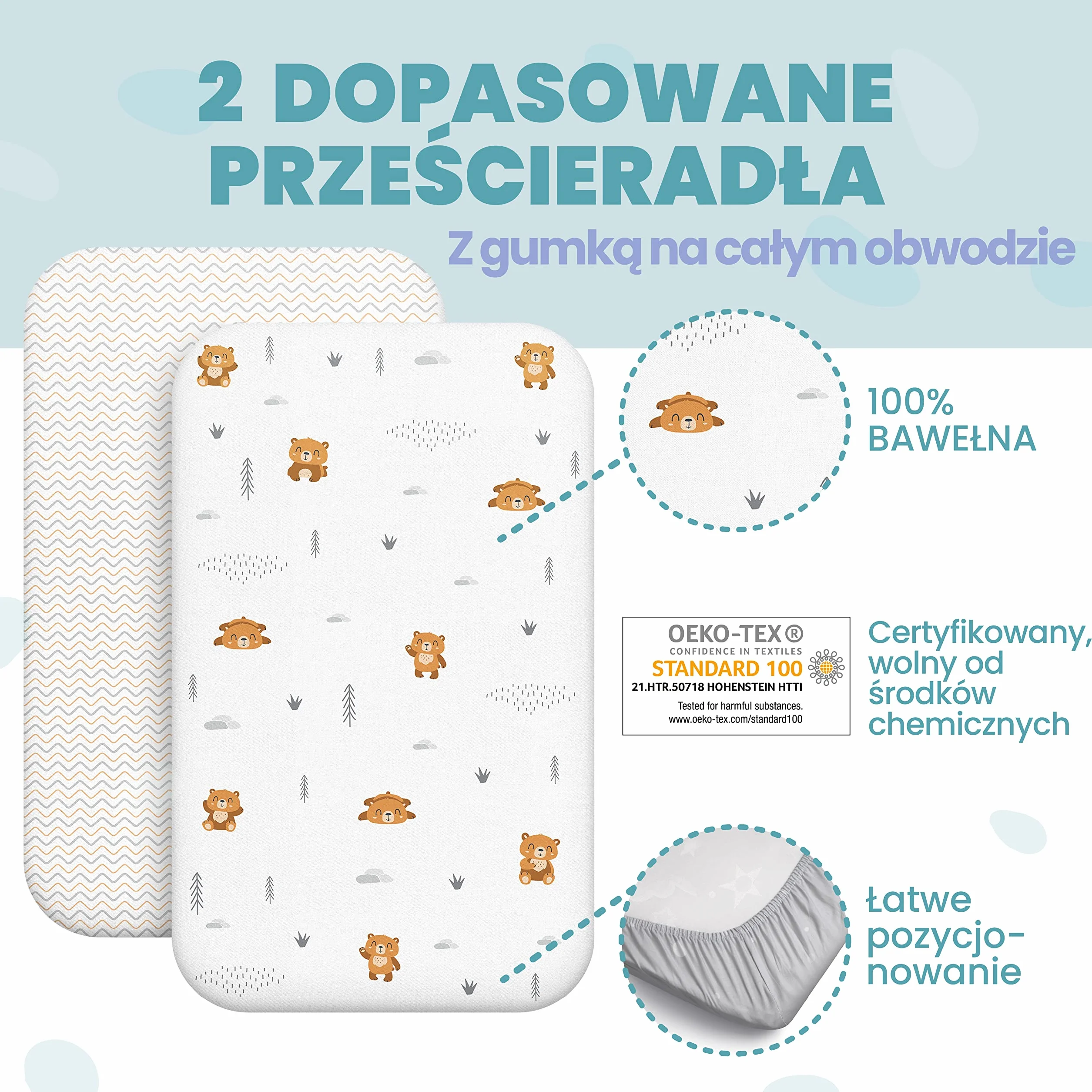 Zestaw 2 x 100% Bawełniane Prześcieradła z Gumką - 1 x 100% Wodoodporny Pokrowiec na Materac - Zestaw 3-50x83cm - Miś