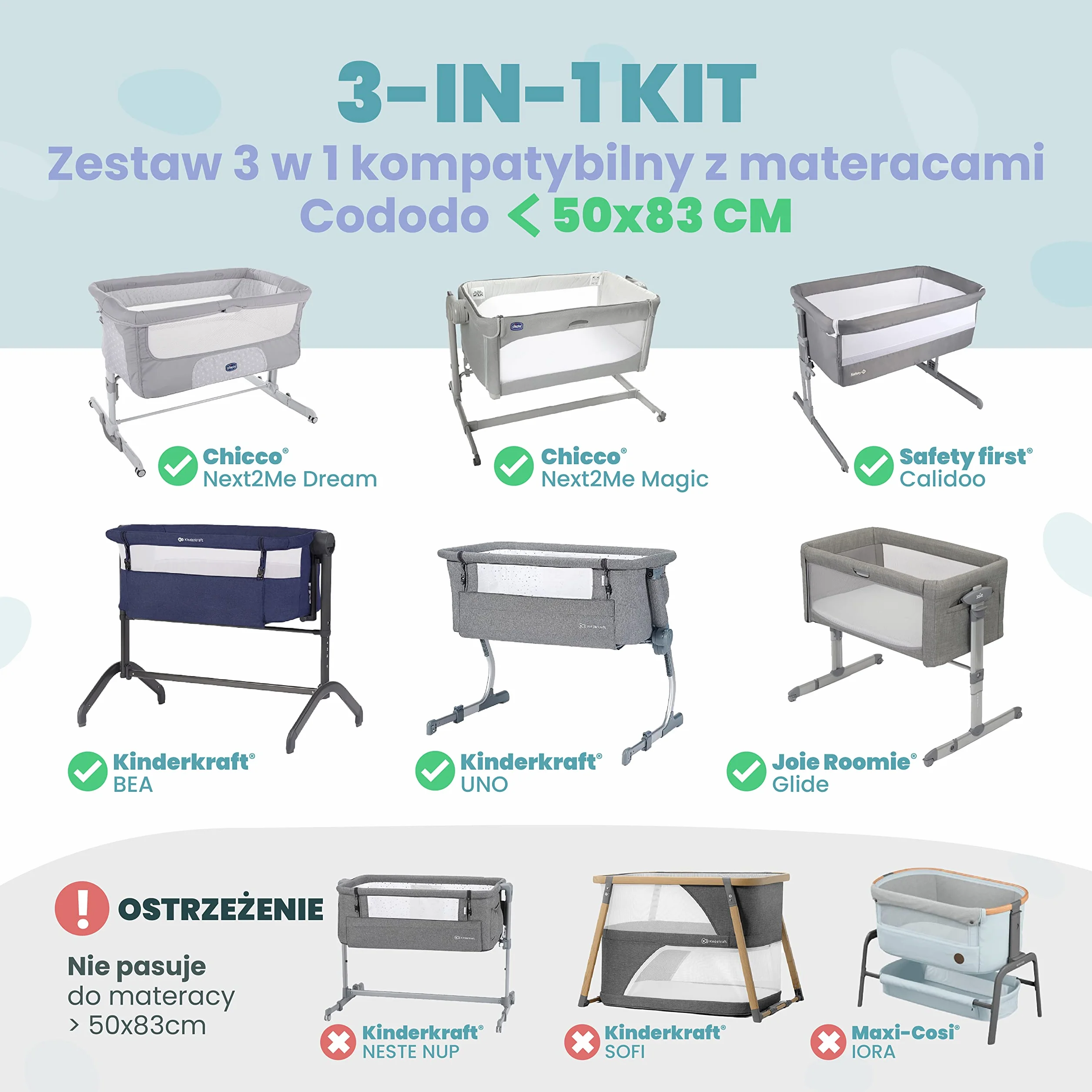 Zestaw 2 x 100% Bawełniane Prześcieradła z Gumką - 1 x 100% Wodoodporny Pokrowiec na Materac - Zestaw 3-50x83cm - Miś