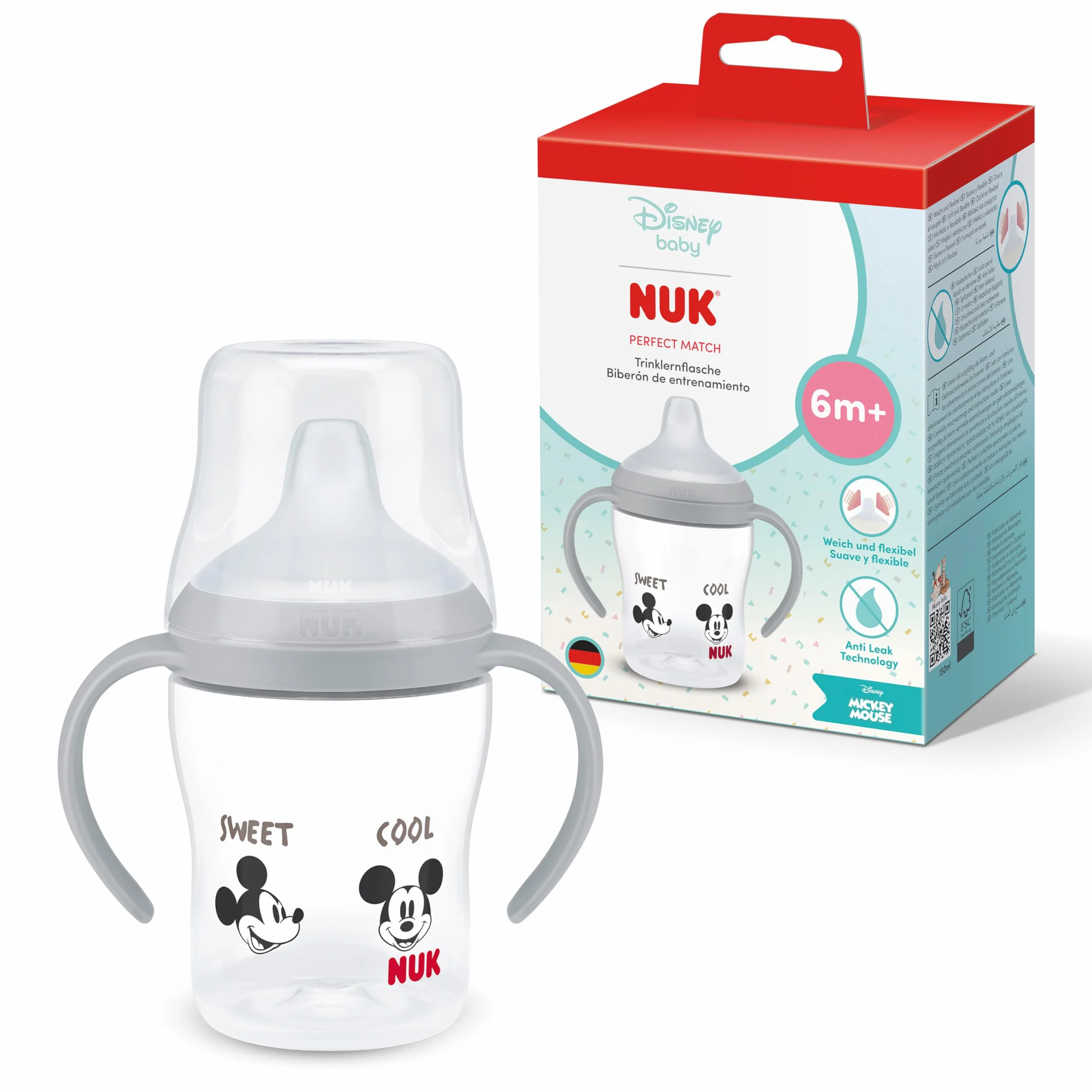 NUK Perfect Match Butelka dla uczących się | 6+ miesięcy | 150 ml | Kubek niekapek dla malucha | Antypoślizgowe uchwyty | Myszka Miki | 1 sztuka