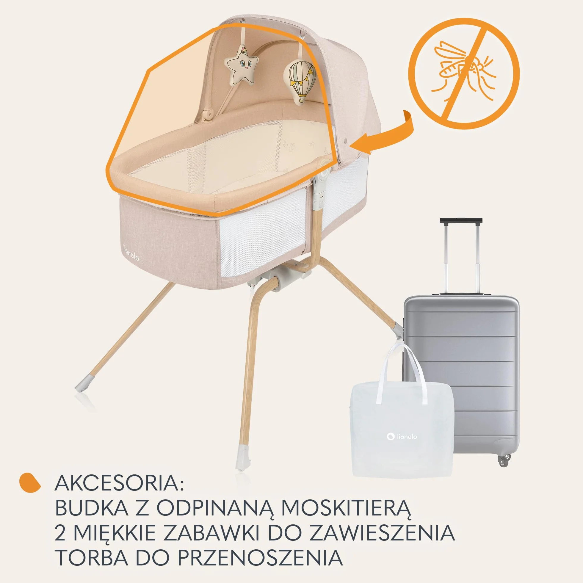 LIONELO Malin Evo Łóżeczko Dziecięce 3 w 1 Turystyczne, Kołyska dla Niemowląt od 0 do 9kg, Daszek Moskitiera 2 Zabawki, Regulacja Nachylenia Szybki Montaż, 2 Koła,Torba