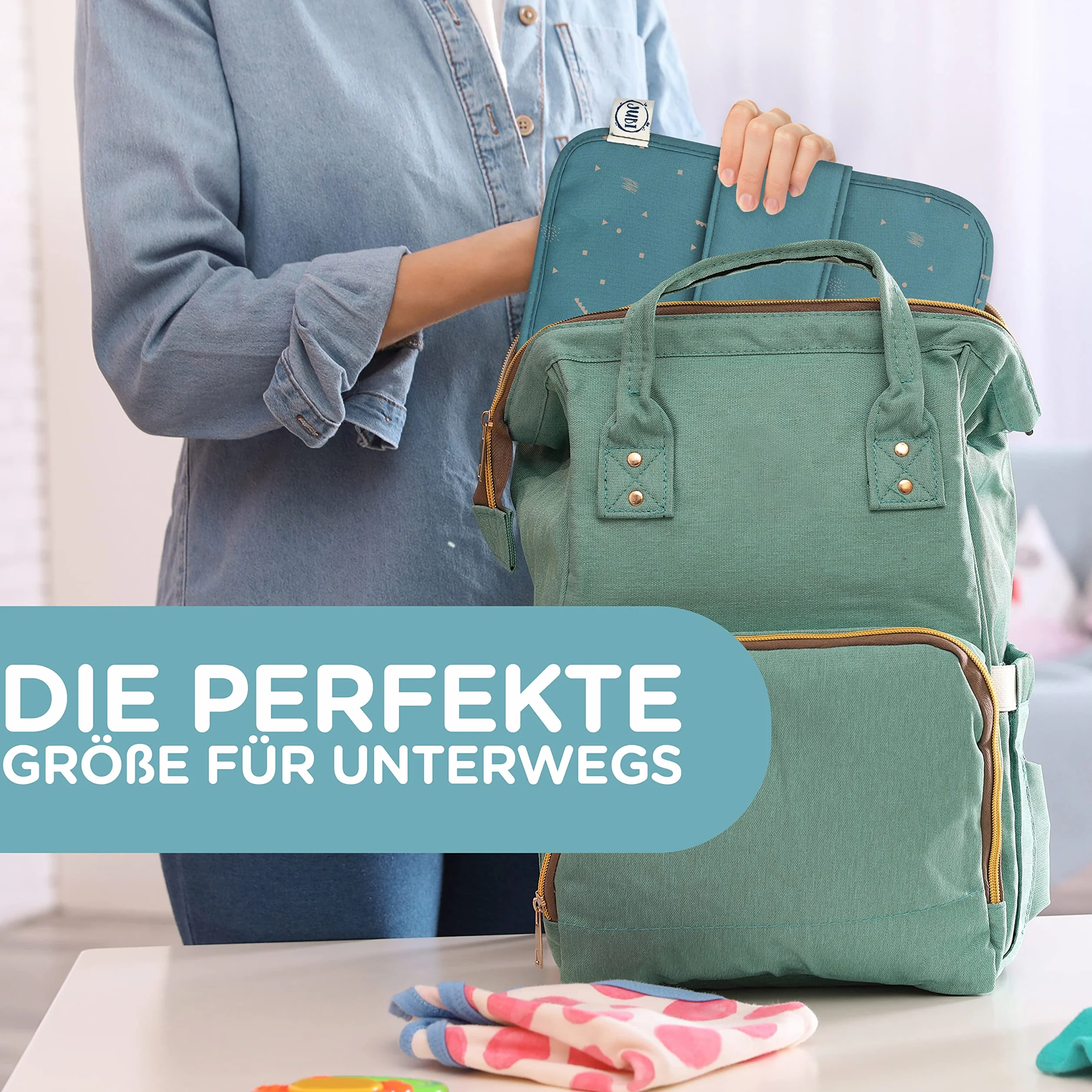 Jubi® Torba na pieluchy dla niemowląt z podkładką do przewijania na podróż z bardzo dużą ilością miejsca - mała torba do przewijania (Green geometric figures)