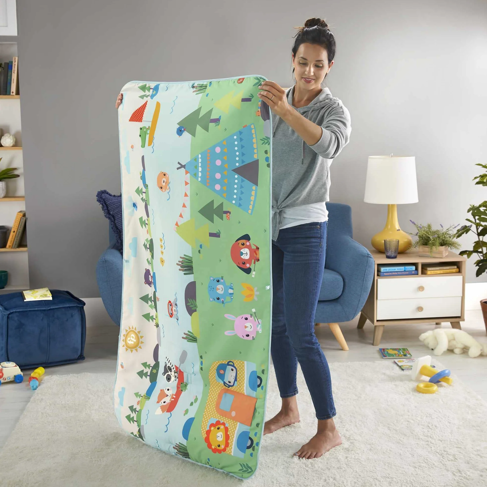 Fisher-Price Wielkie przygody Duża mata do zabawy o długości 152 cm z zabawkami dla noworodków i niemowląt, GXR53