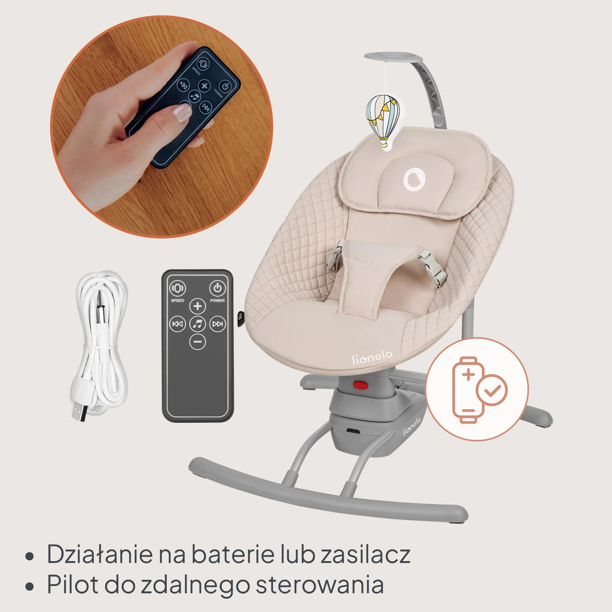 LIONELO RIO Elektryczny Bujaczek dla Niemowląt do 9 kg, Regulacja Oparcia, 3 Prędkości Bujania, Poduszka, Pasy Bezpieczeństwa, Melodie i Dźwięki Natury, Pałąk z Zabawką, Lekki 3,5 kg
