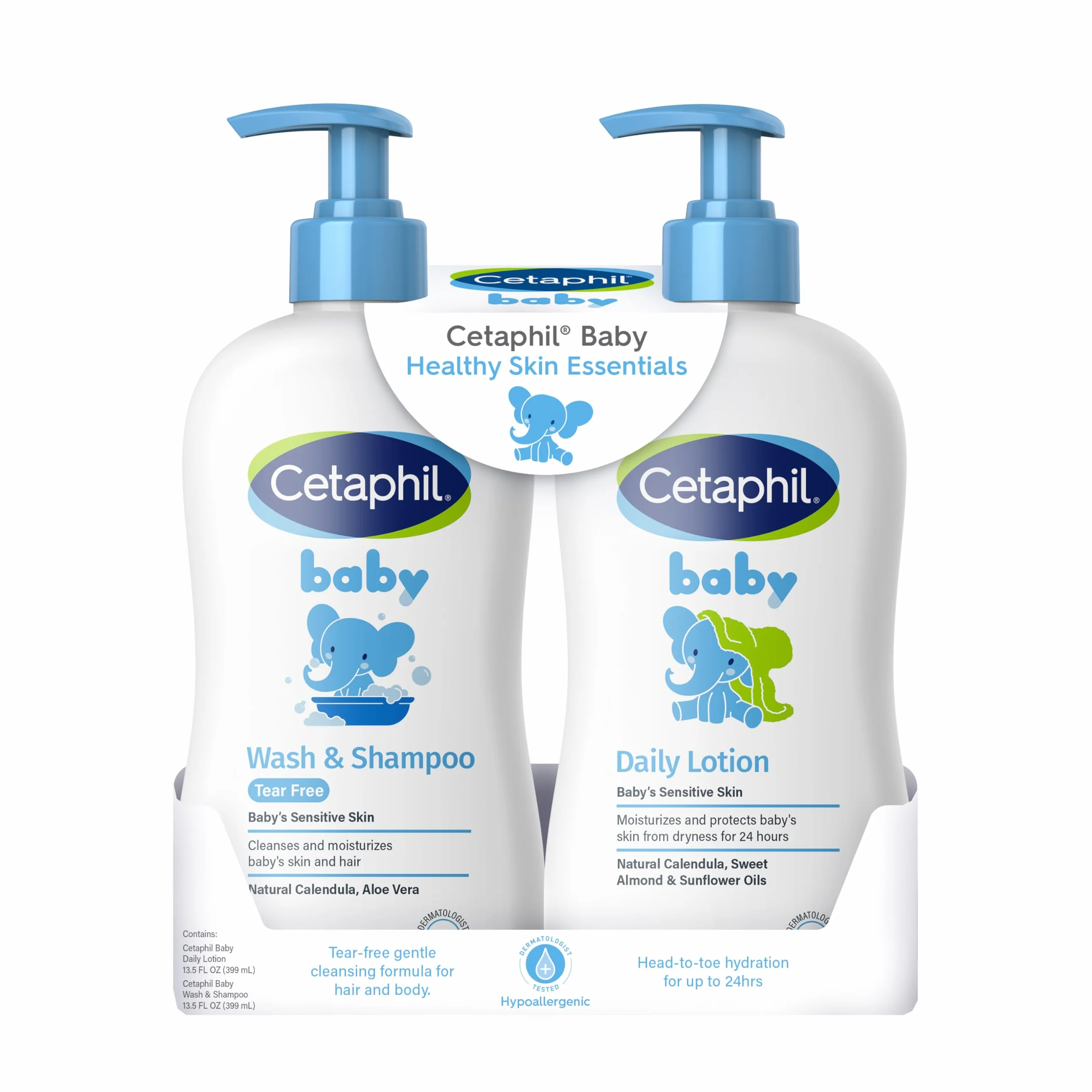 Cetaphil Baby Wash & Shampoo Plus Body Lotion, Healthy Skin Essentials, nawilżająca głowa do 24 godzin, do delikatnej, wrażliwej skóry, 2 szt., kolor biały