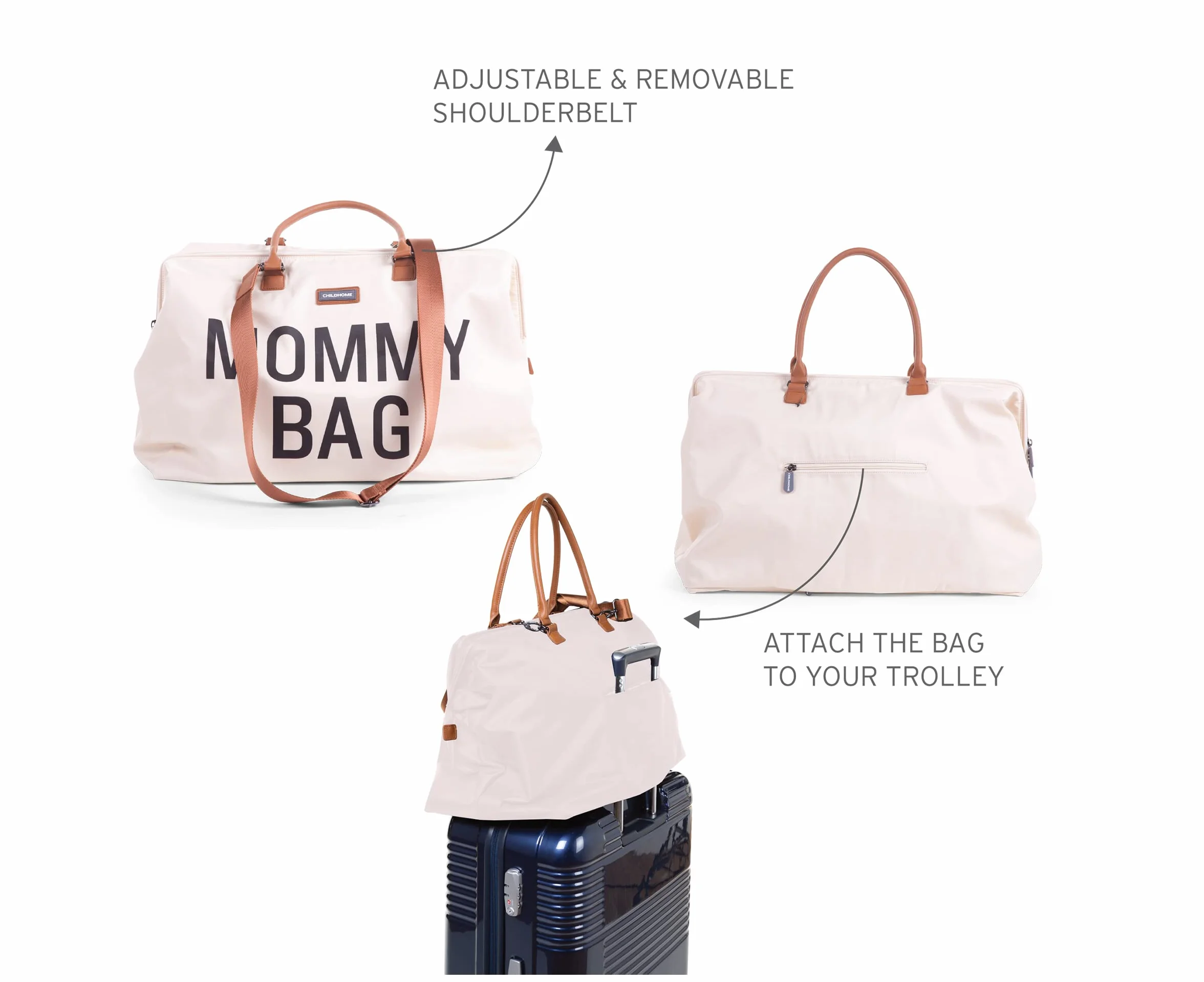 CHILDHOME, Mommy Bag, torba na pieluchy, dla kobiet w ciąży, torba podróżna, duża pojemność, mata do przewijania, regulowany pasek na ramię, izolowana kieszeń, przejście na walizkę, ekru/czarna