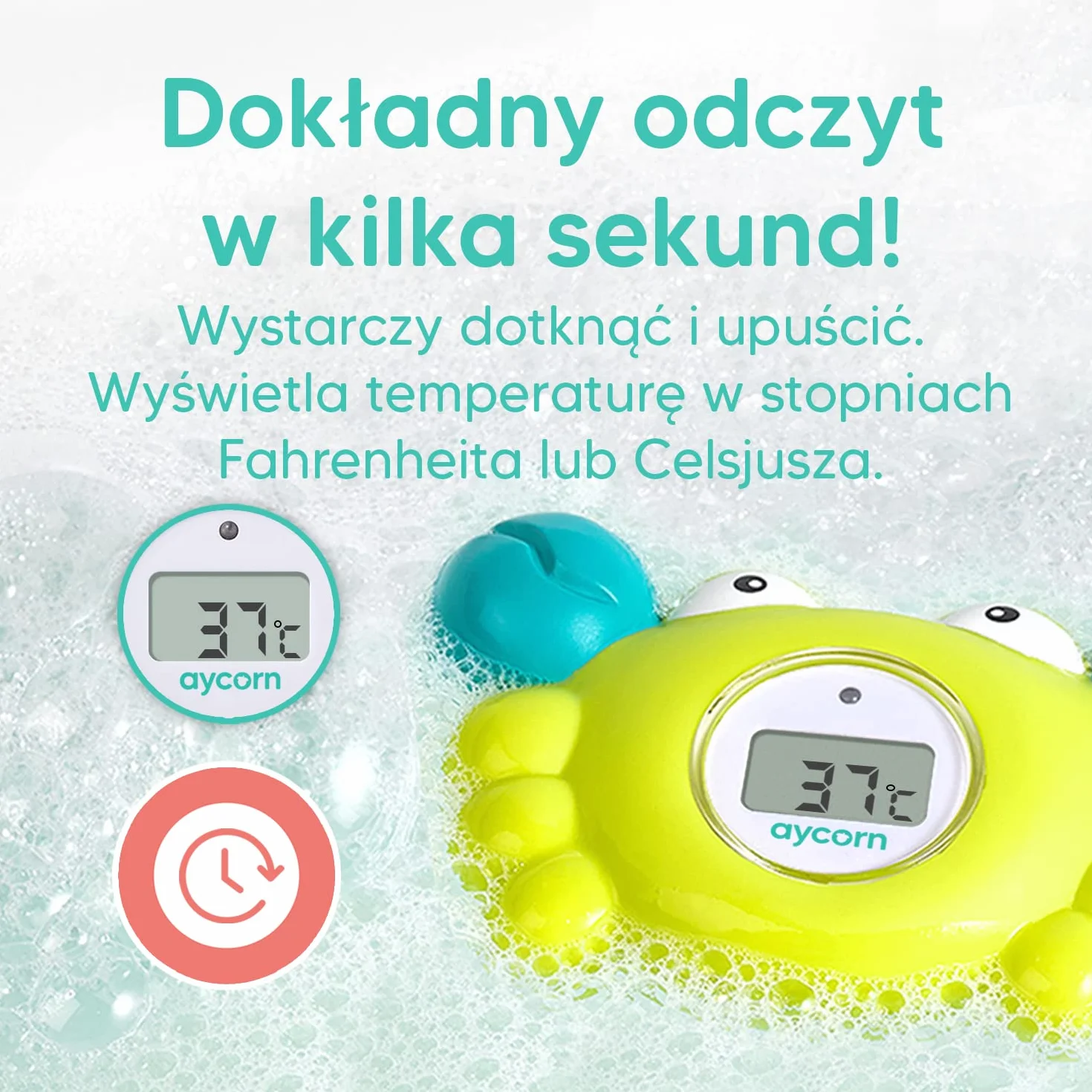 Aycorn Cyfrowy Termometr do Wanny Wody Kąpieli, dla Dzieci Niemowląt Malucha, Pokojowy Wodoodporny, Zabawka do Kąpieli, Elektroniczny Precyzyjny Czujnik Temperatury, Krab