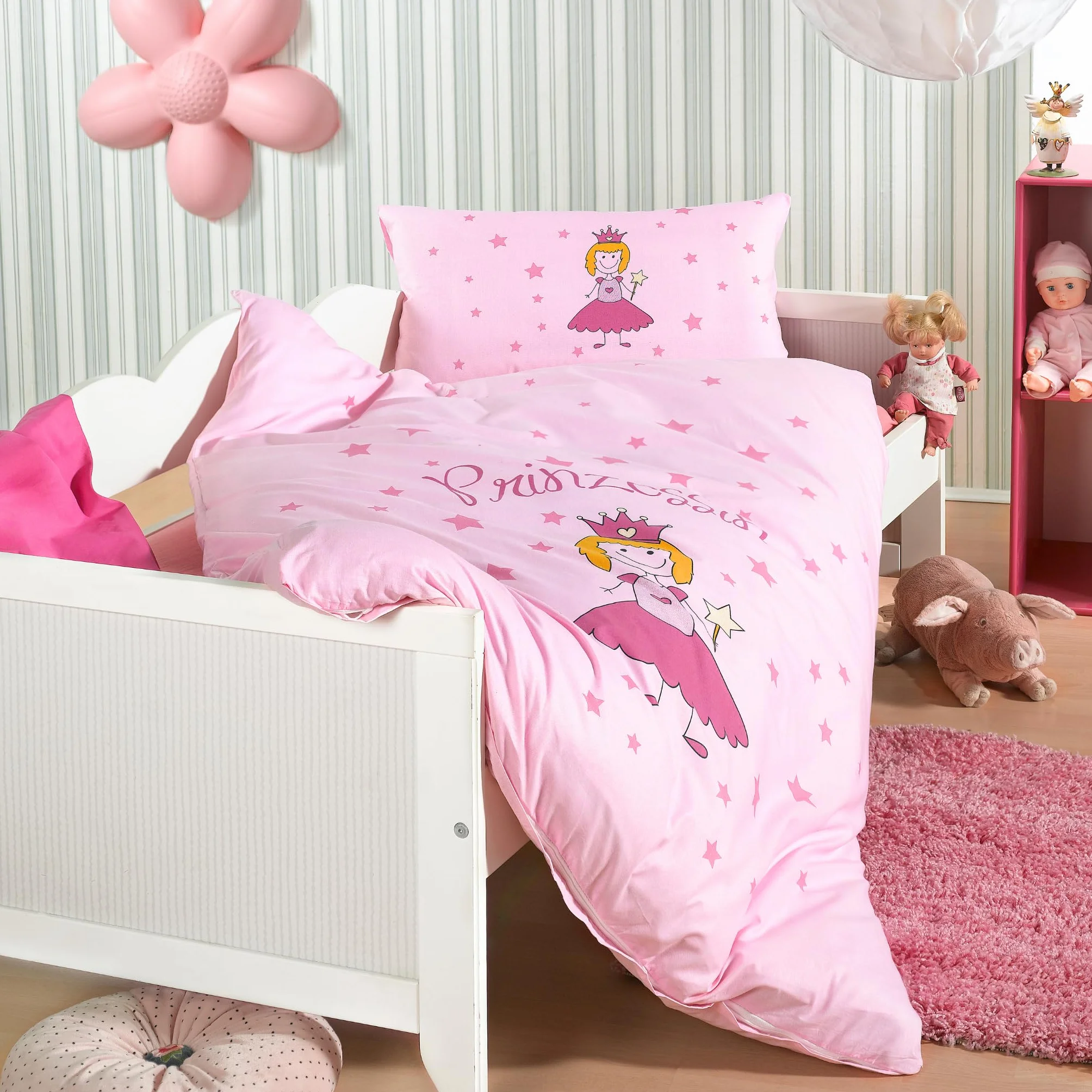 BaSaTex zestaw pościeli dziecięcej dla dziewczynek i chłopców | 100x135 cm + 40x60 cm | 100% bawełna Renforcé | z zamkiem błyskawicznym | księżniczka – gwiazdy | różowy/pink