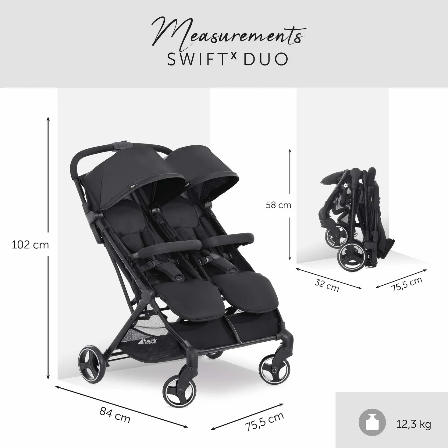Hauck Podwójny wózek Swift X Duo, składany z funkcją rozkładania od urodzenia, dla 2 dzieci do 15 kg każde, kosz do 6 kg, kółka odporne na przebicie (czarny)