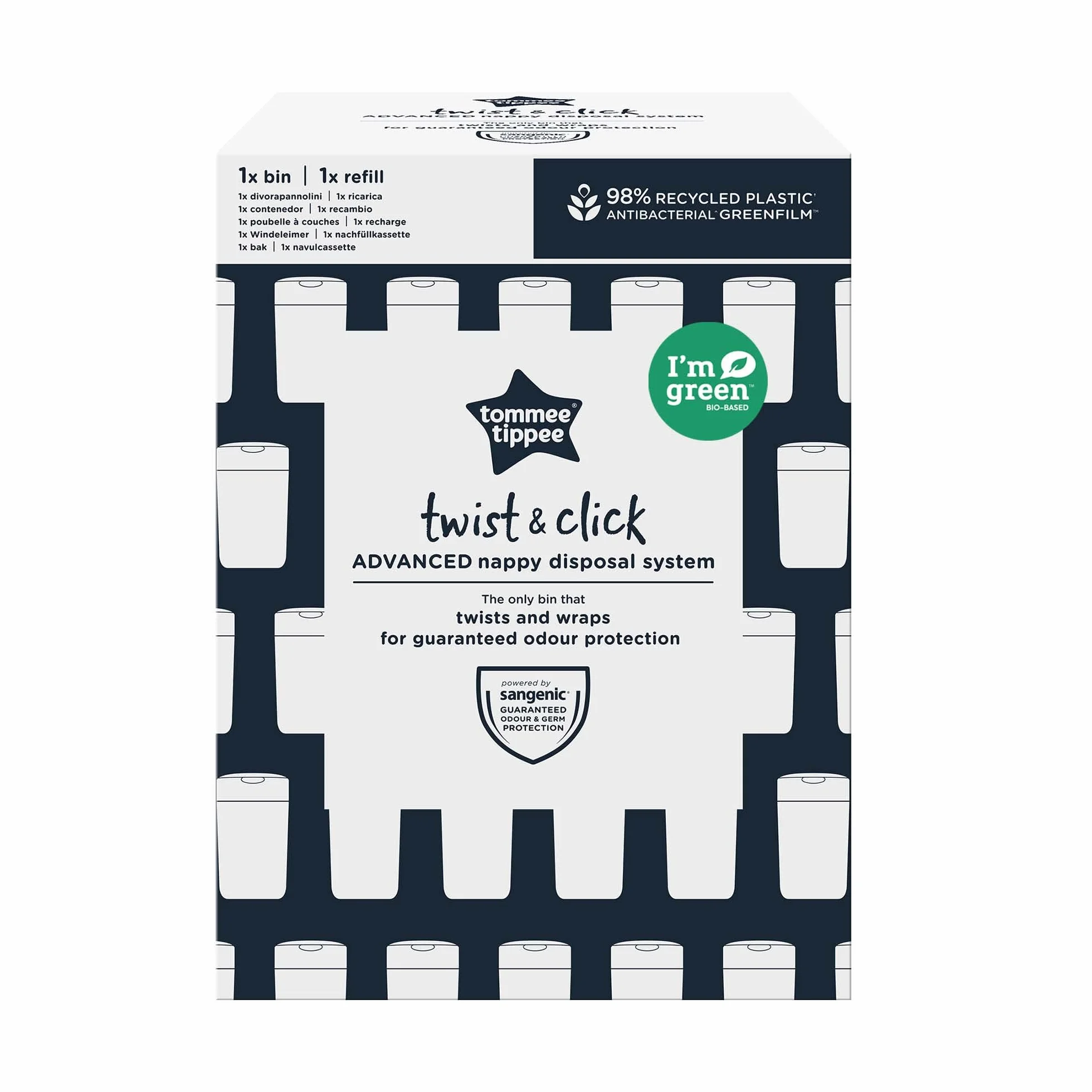 Tommee Tippee Twist and Click Advanced kosz na pieluchy, bardziej przyjazny dla środowiska z 1 wymiennymi wkład z folii antybakteryjnej GREENFILM, przyjazny, biały