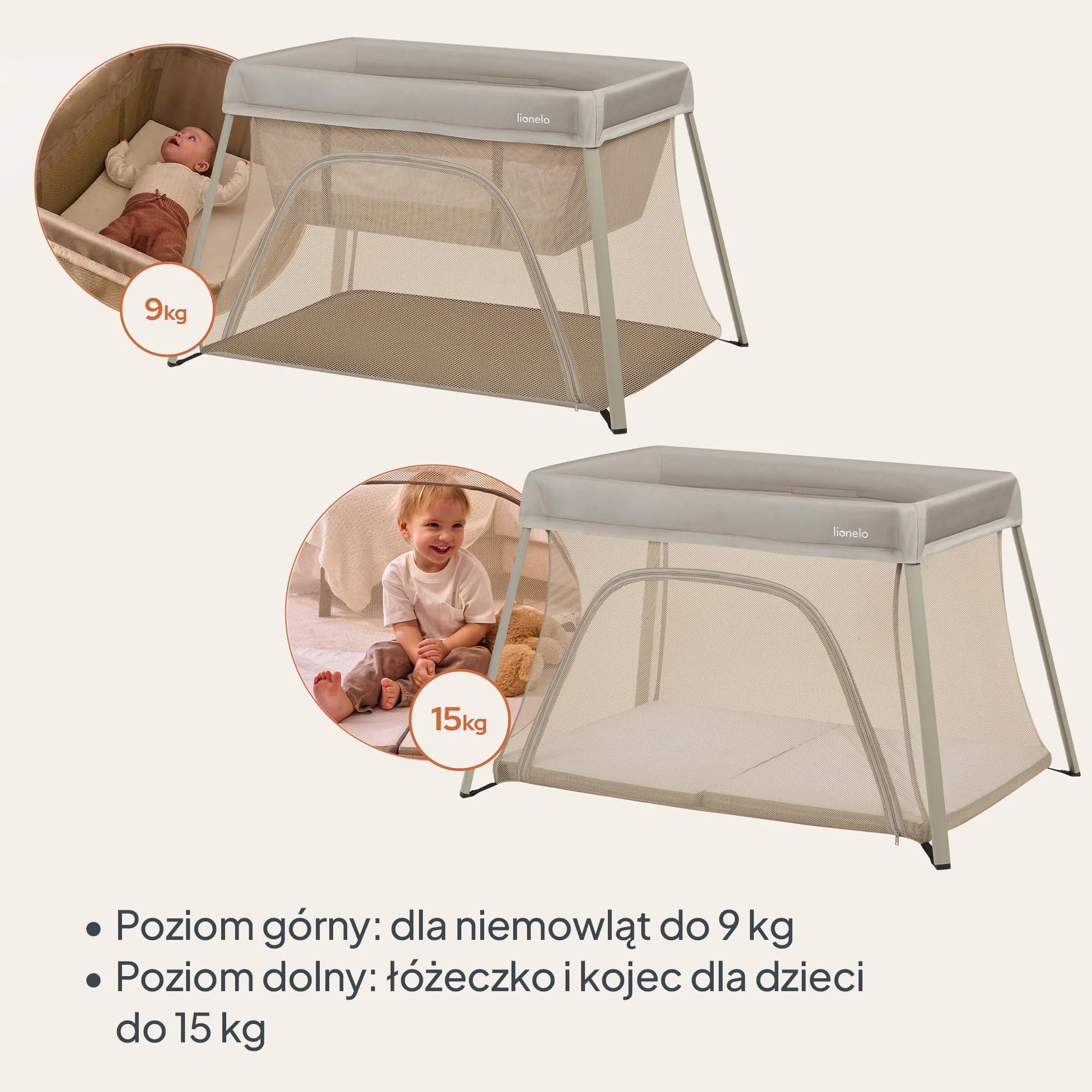 Lionelo Łóżko podróżne 3 w 1 Alicja 0-15 kg materac piankowy składane beżowy