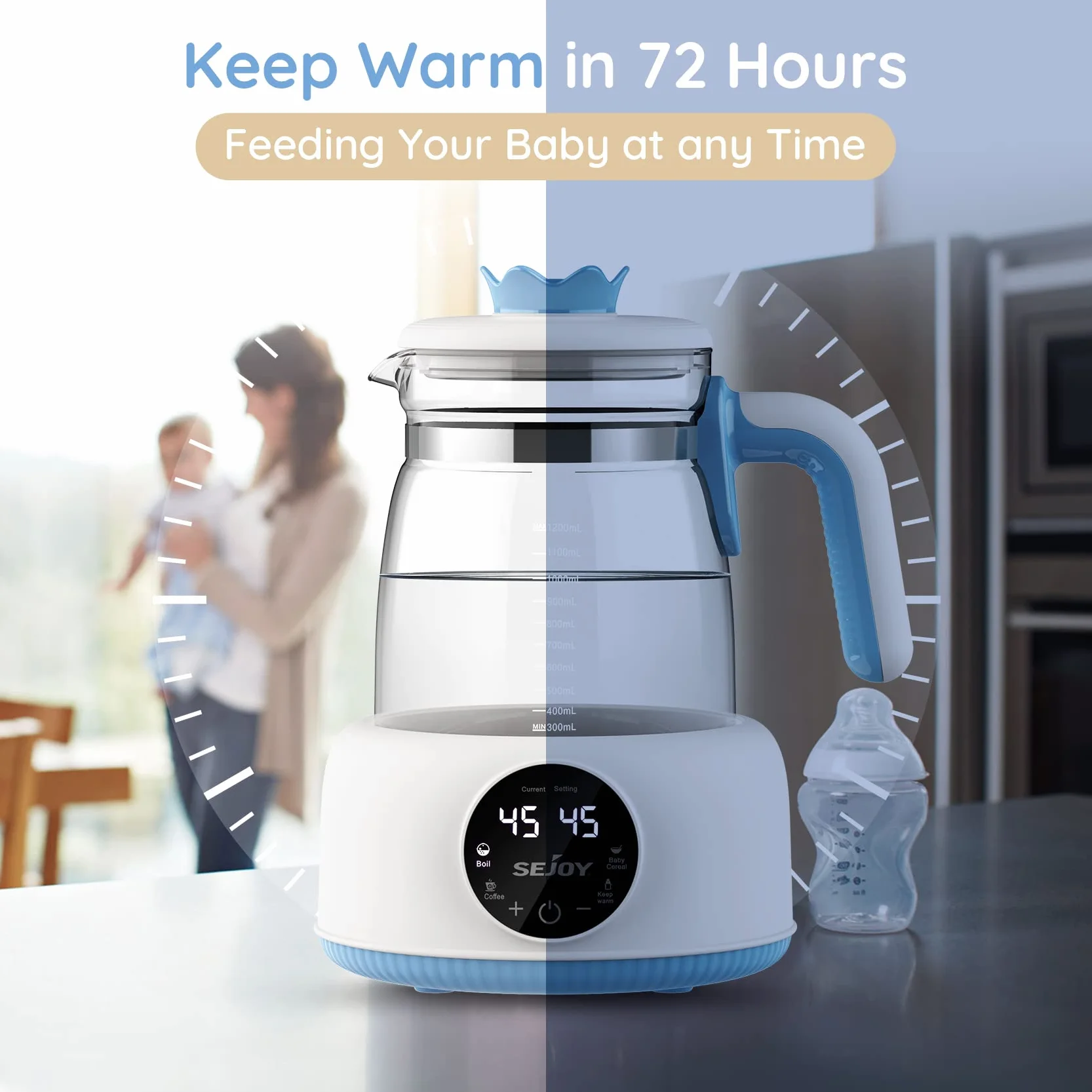 Sejoy Baby Formula Kettle Warm Water Dispenser for Making Formula Bottle Within 30s, Traditional Baby Bottle Warmer Replacement, Accurate Temperature Control, Boil-Dry Protection, 72h Keep Warm, 1.2L
