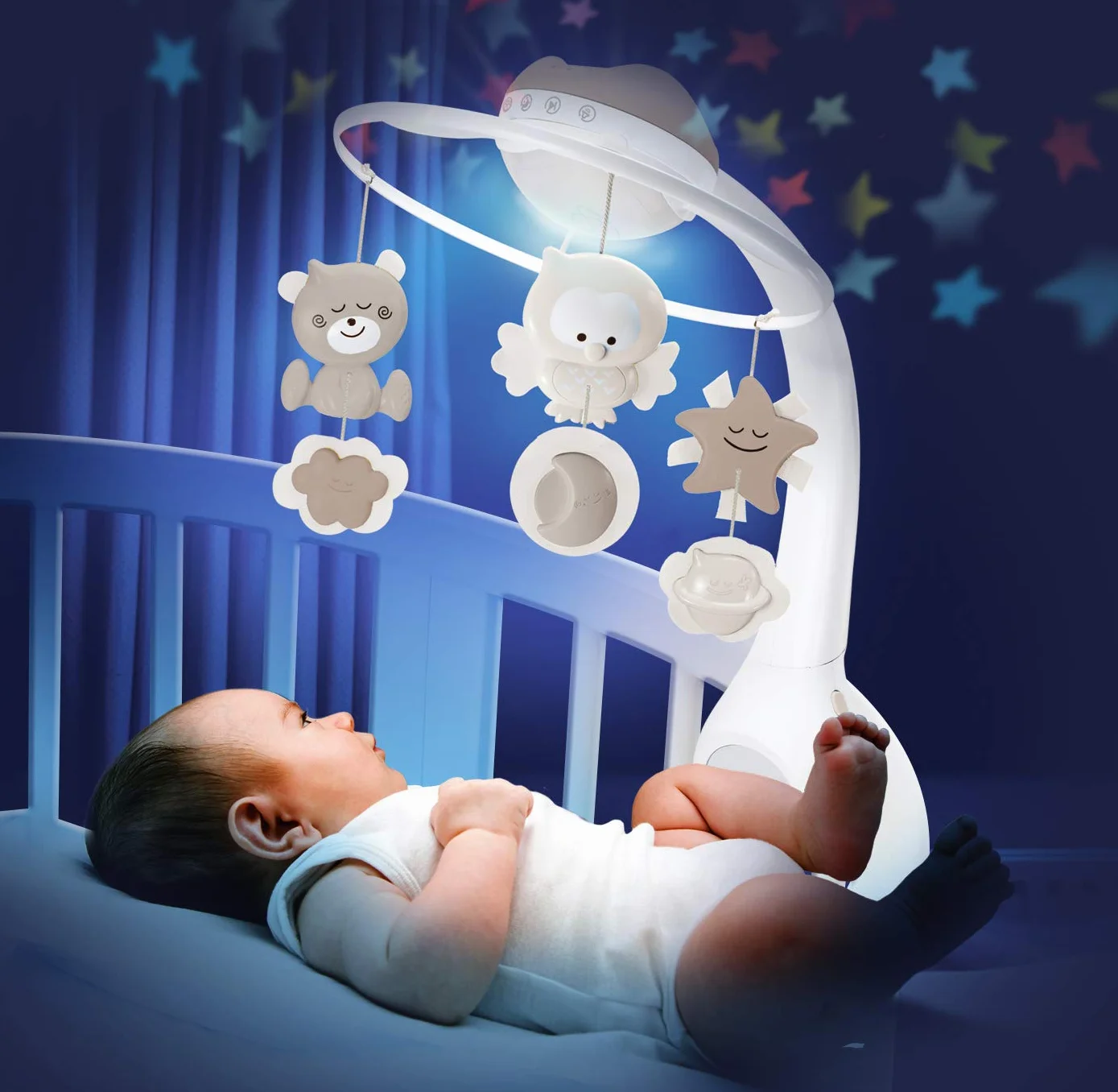 Infantino - Karuzela Muzyczna z Projektorem 3 w 1 - Zabawka Ruchoma do Łóżeczka - Lampka Nocna i Projektor - Tryb Budzenia - 6 Melodii, 4 Dźwięki Natury - Szara