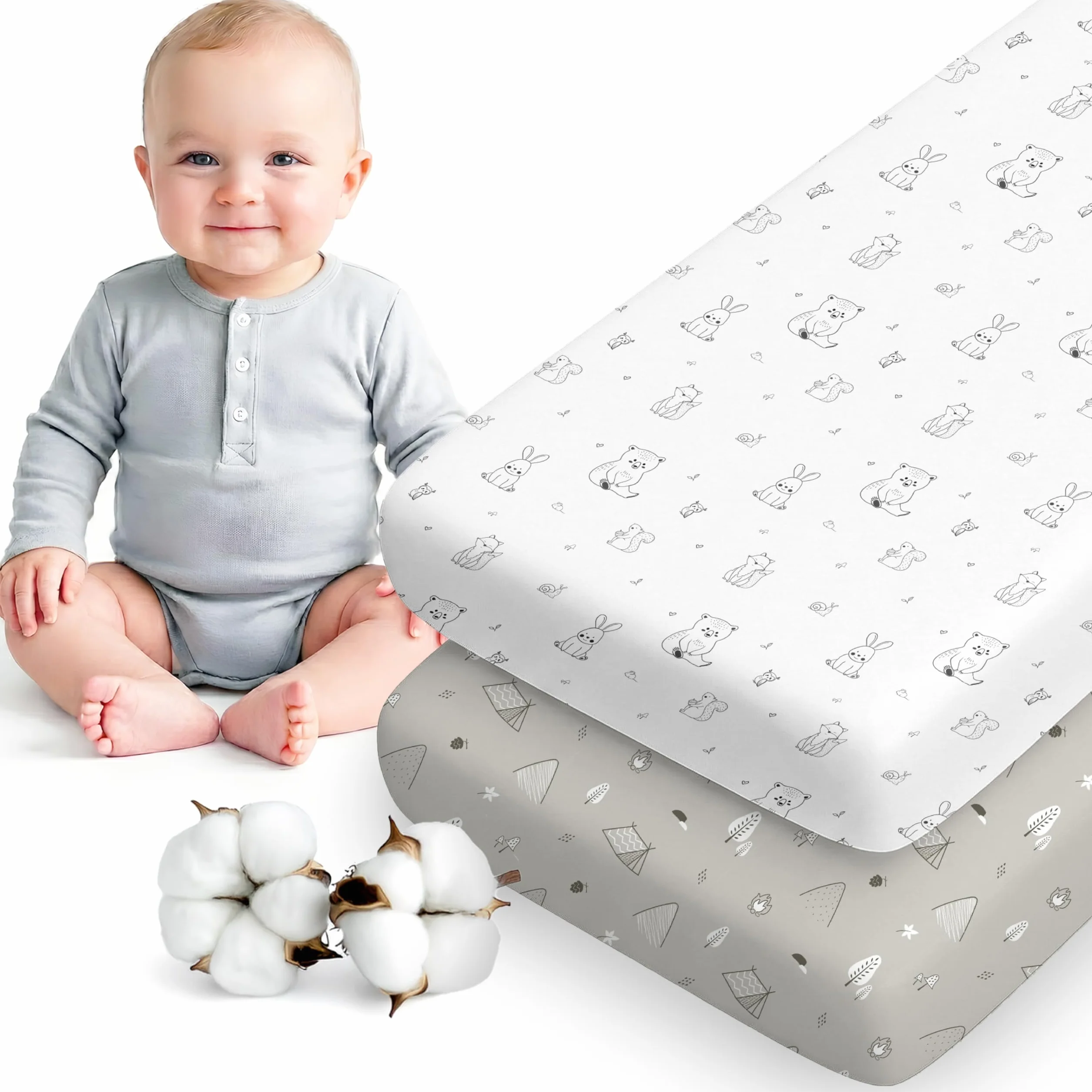 Dreamzie Prześcieradła Z Gumką 40x90 cm – Zestaw 2 – Bawełna Oeko-Tex – Do Łóżeczka I Kołyski – Biały/Szary Las