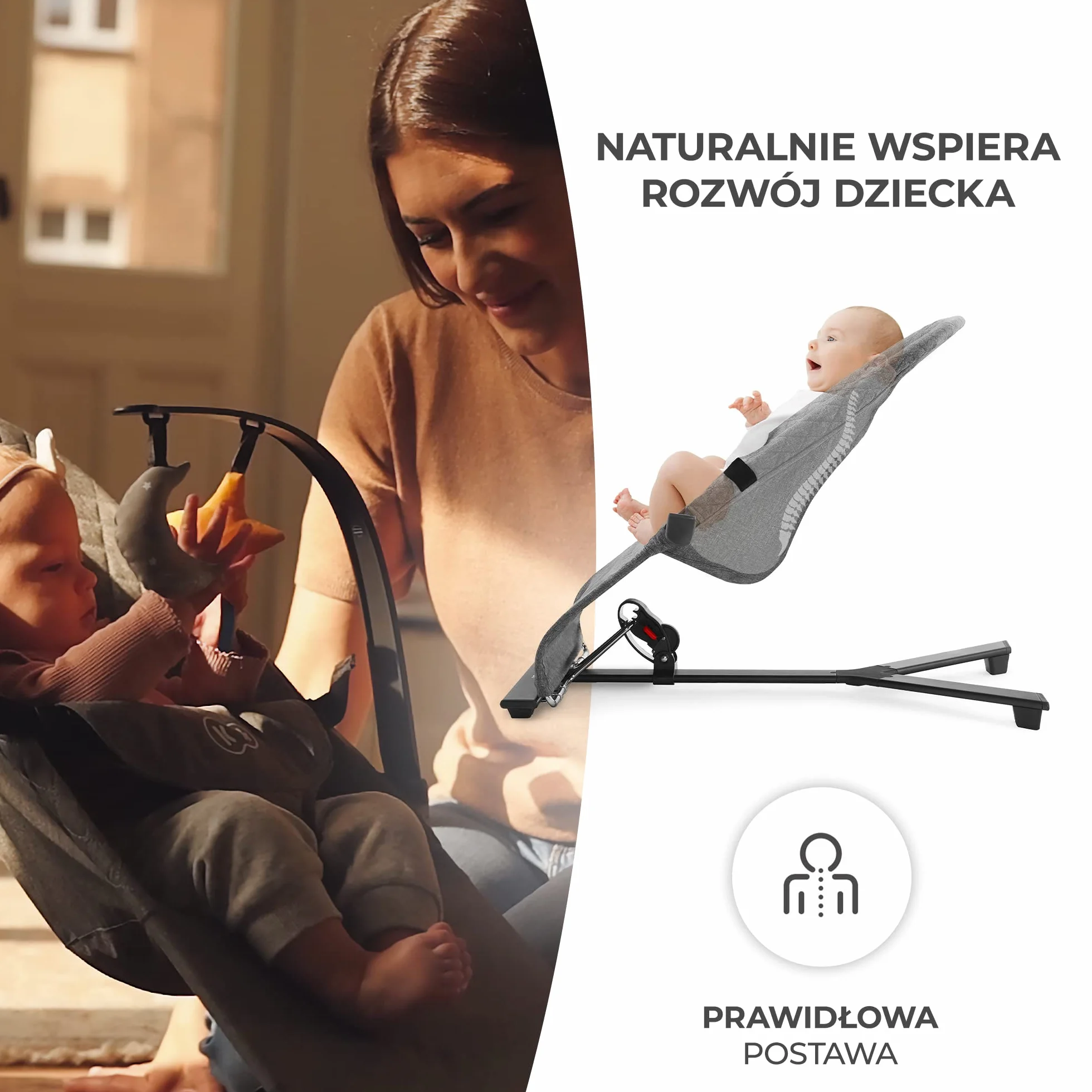 Kinderkraft Leżaczek MIMI, Bujaczek, Pałąk z zabawkami, Naturalne kołysanie, Kompaktowy po złożeniu, Pasy bezpieczeństwa, Beżowy