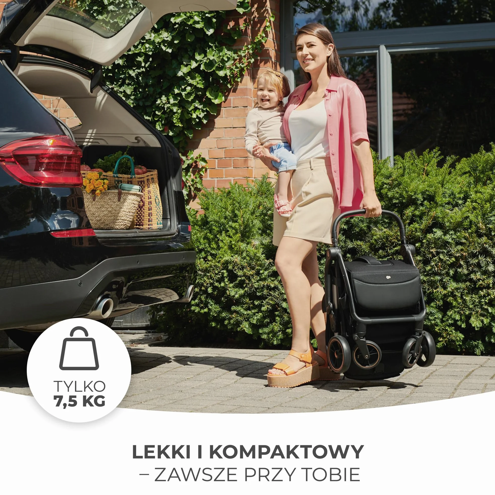 Kinderkraft APINO Lekka Spacerówka, Wózek dziecięcy, Idealny na podróż, AUTO FOLDING, Składany, Kompaktowy, Lekki, Tylko 7,5kg, Wodoodporna budka, Regulacja oparcia, obciążenie do 24kg, Czarny