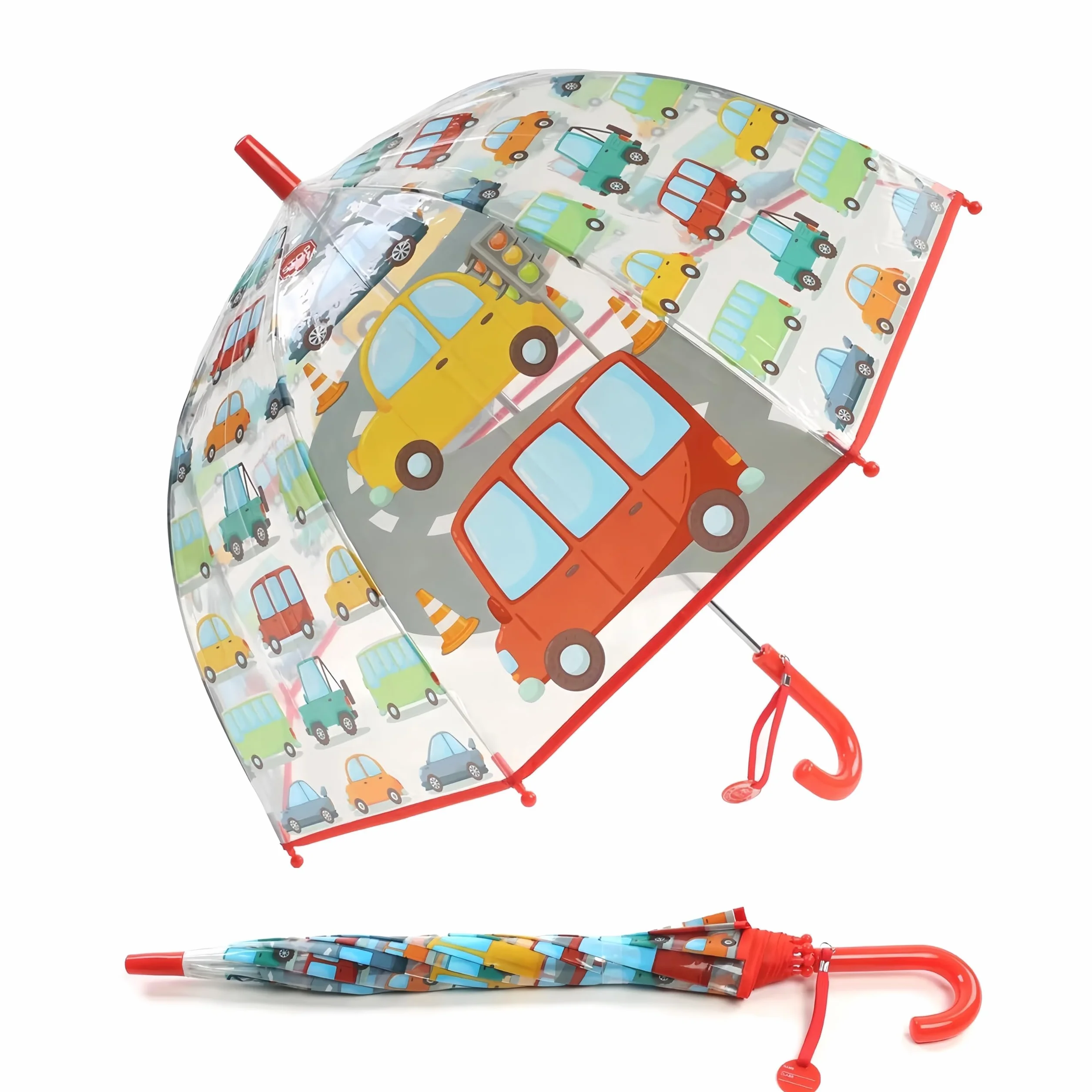 Parasol dziecięcy z dachem kopułowym – lekki, uroczy, zabawny design, ochrona przed wiatrem i deszczem, parasol w kształcie dzwonka, przezroczysty – prezent dla dzieci, Czerwone wózki, small