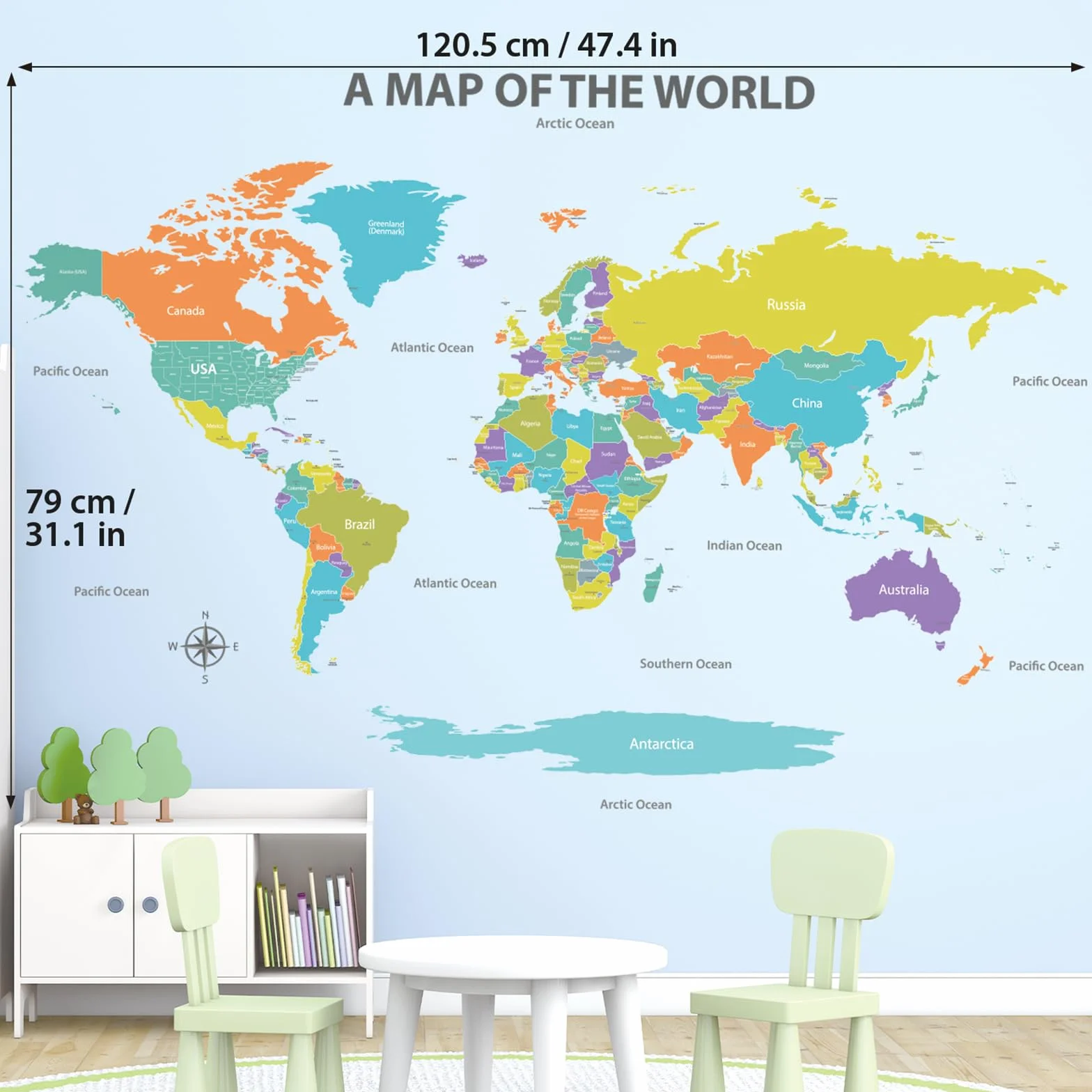 DECOWALL SG2-2414 kolorowa mapa świata tatuaż ścienny 120 x 75 cm edukacyjna dekoracja
