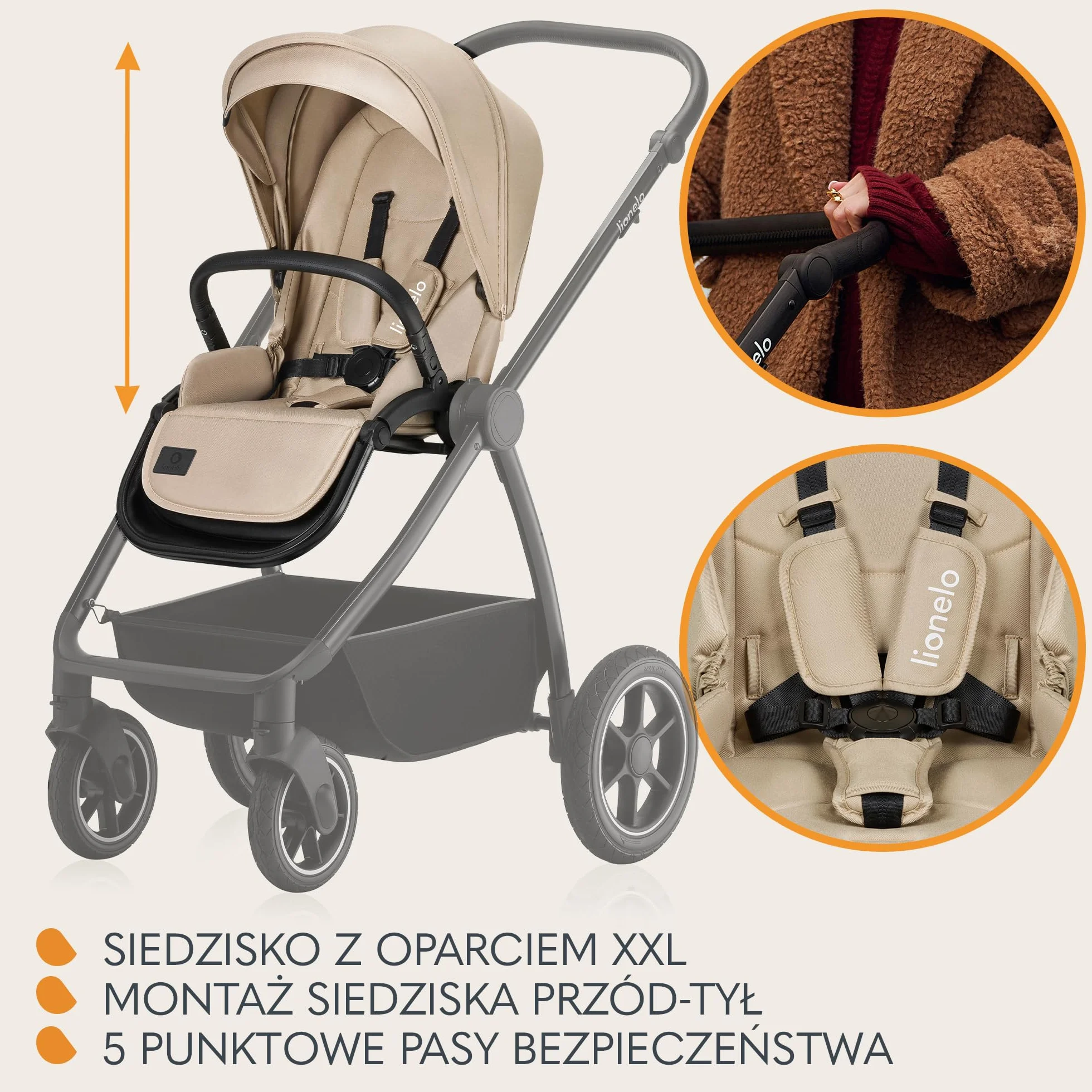LIONELO MERIL 3 in 1 Wielofunkcyjny Wózek Dziecięcy 0-48 Miesięcy Do 22 Kg, Gondola Do 9 Kg, Fotelik Samochodowy Do 13 Kg, Koła Terenowe 360°, Pełna Amortyzacja, Budka XXL UPF50+ (Beżowy)