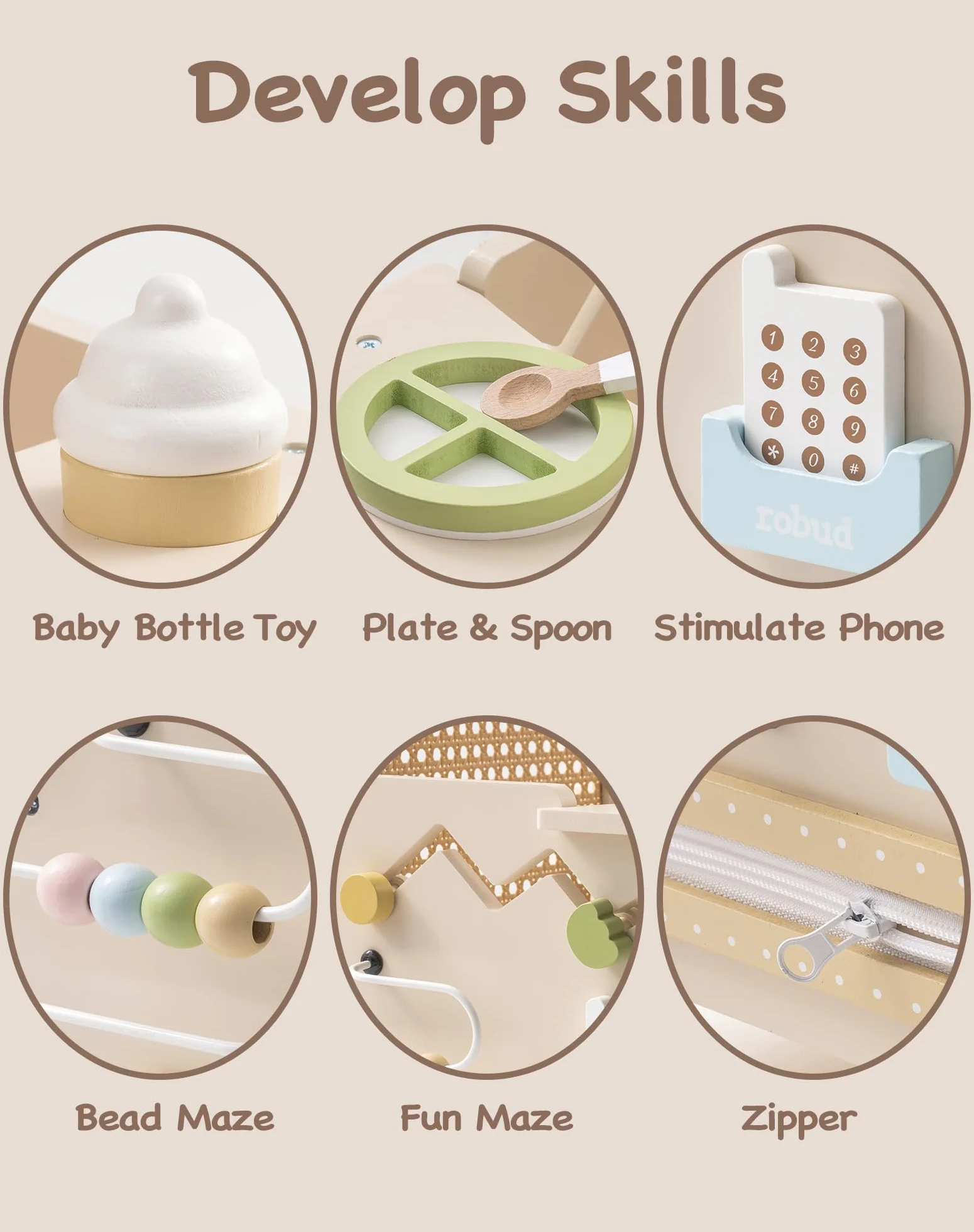 ROBUD Drewniany pomocnik do nauki chodzenia Baby Walker 2 w 1, wózek do nauki chodzenia z Montessori Busy Activity Board, hamulec bezpieczeństwa, zabawka na spacery, prezent