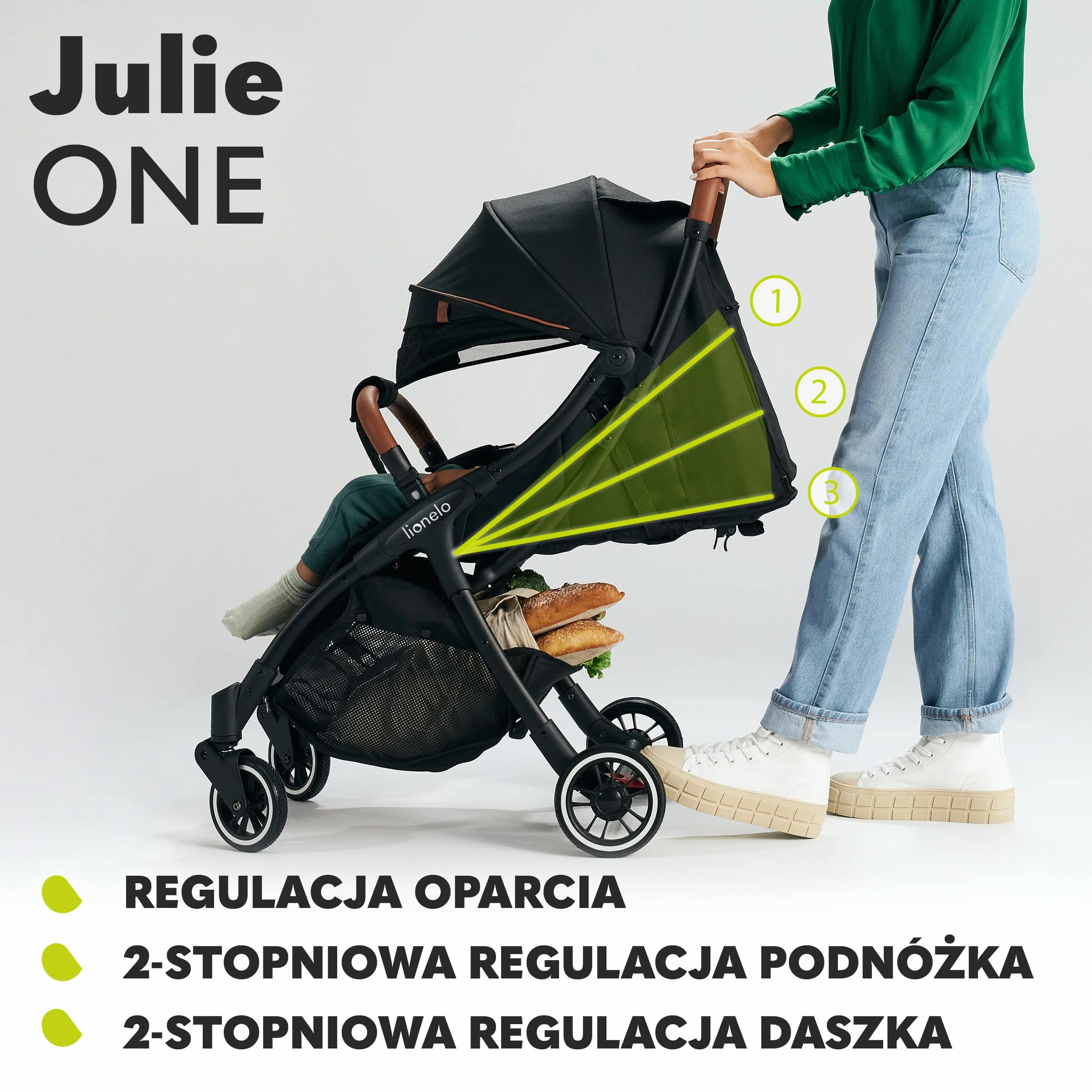 LIONELO Julie One wózek spacerowy do 22kg, regulacja oparcia od pozycji siedzącej do leżącej, regulowany podnóżek, ocieplacz na nóżki, moskitiera, torba do transportu (Golden Moments)