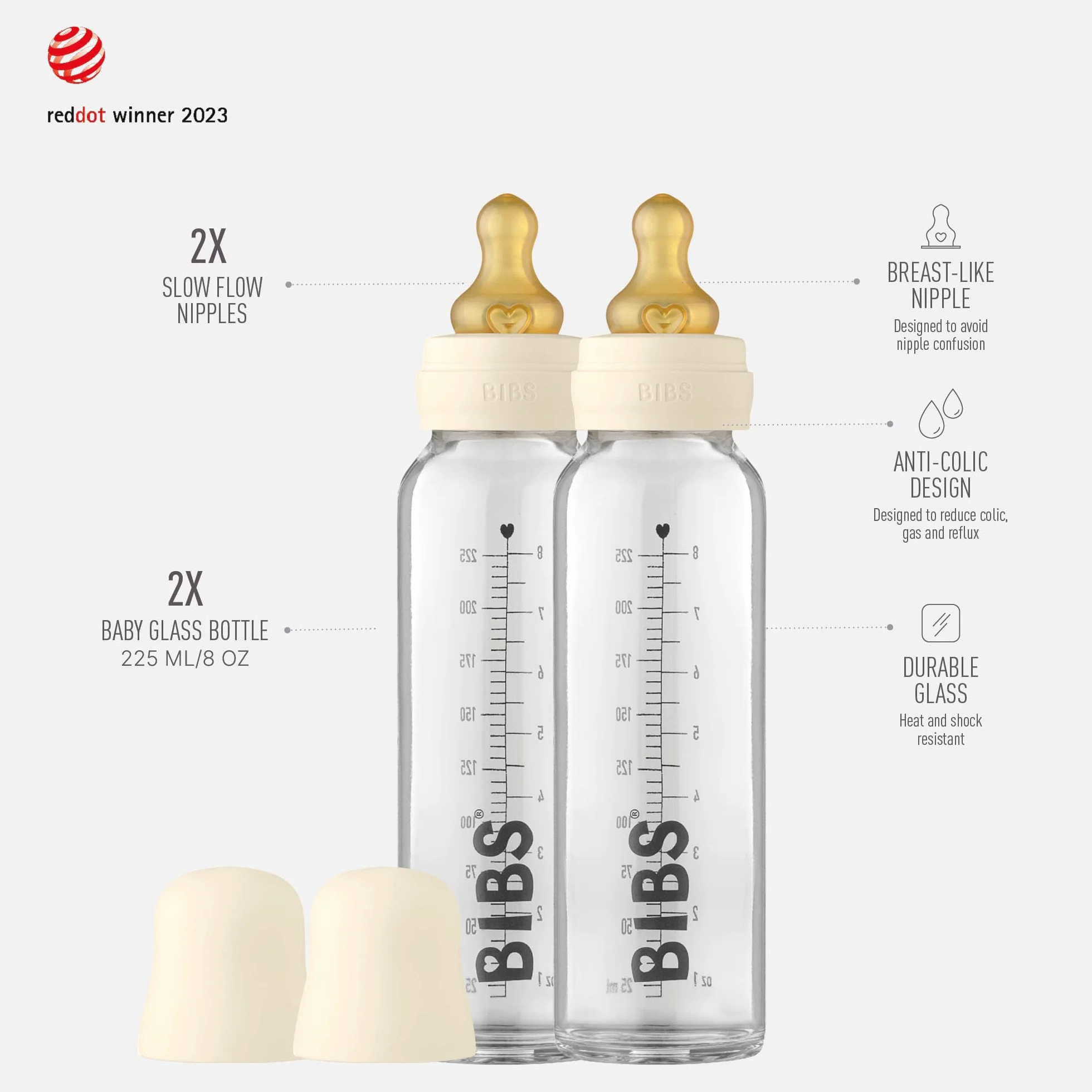 BIBS Butelka ze szkła Antykolka 225 ml Zestaw 2 szt. Okrągły smoczek z naturalnego lateksu