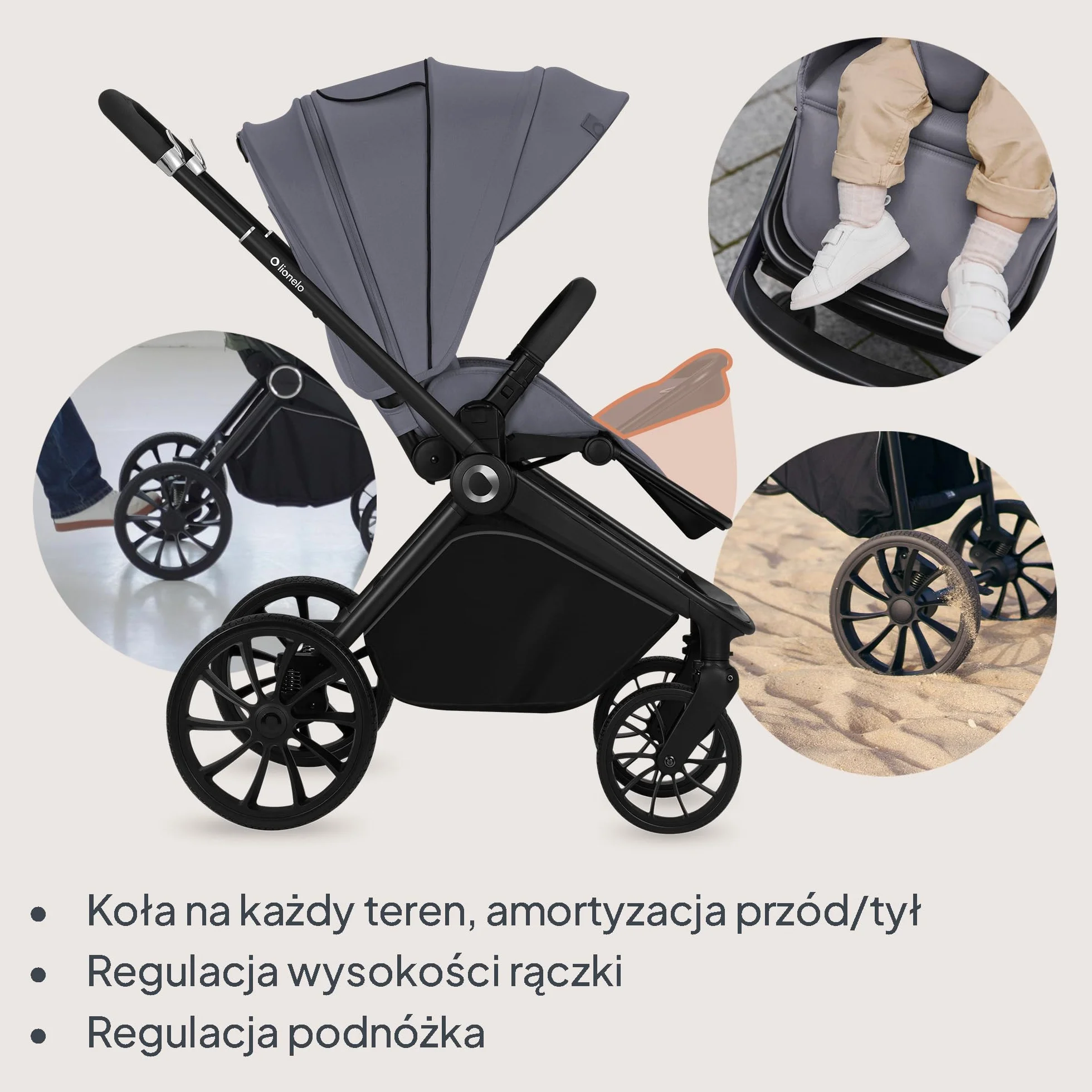 LIONELO MIKA PLUS 3 w 1 Wózek Spacerowy Dziecięcy 0-48 miesięcy do 22 kg Gondola do 9 kg Fotelik Samochodowy Nosidło do 13 kg, Regulacja Oparcia, Amortyzacja, Koła 360° Budka XXL (Szary)