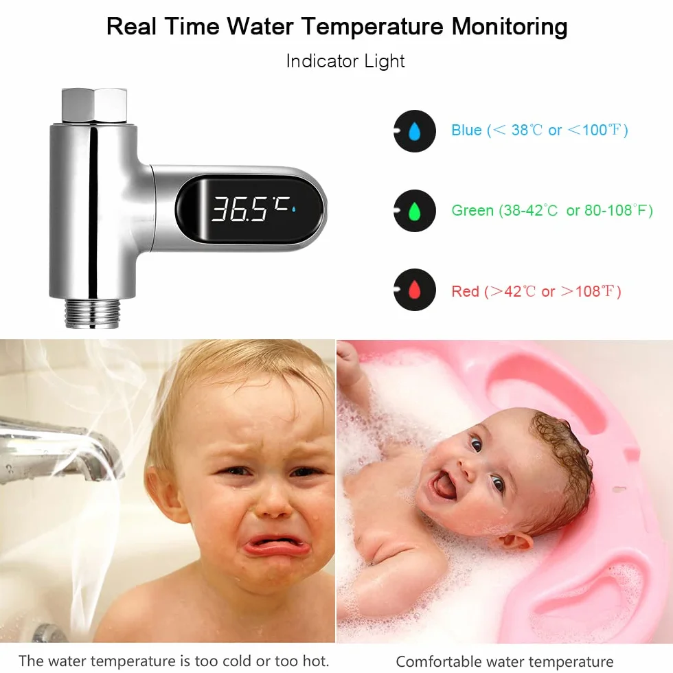Kavolet Termometr pod prysznic, termometr do kąpieli dla niemowląt, cyfrowy wyświetlacz temperatury prysznicowej LED, wyświetlacz Celsjusza/Fahrenheita, obracany o 360°, do kuchni rodzinnej łazienki