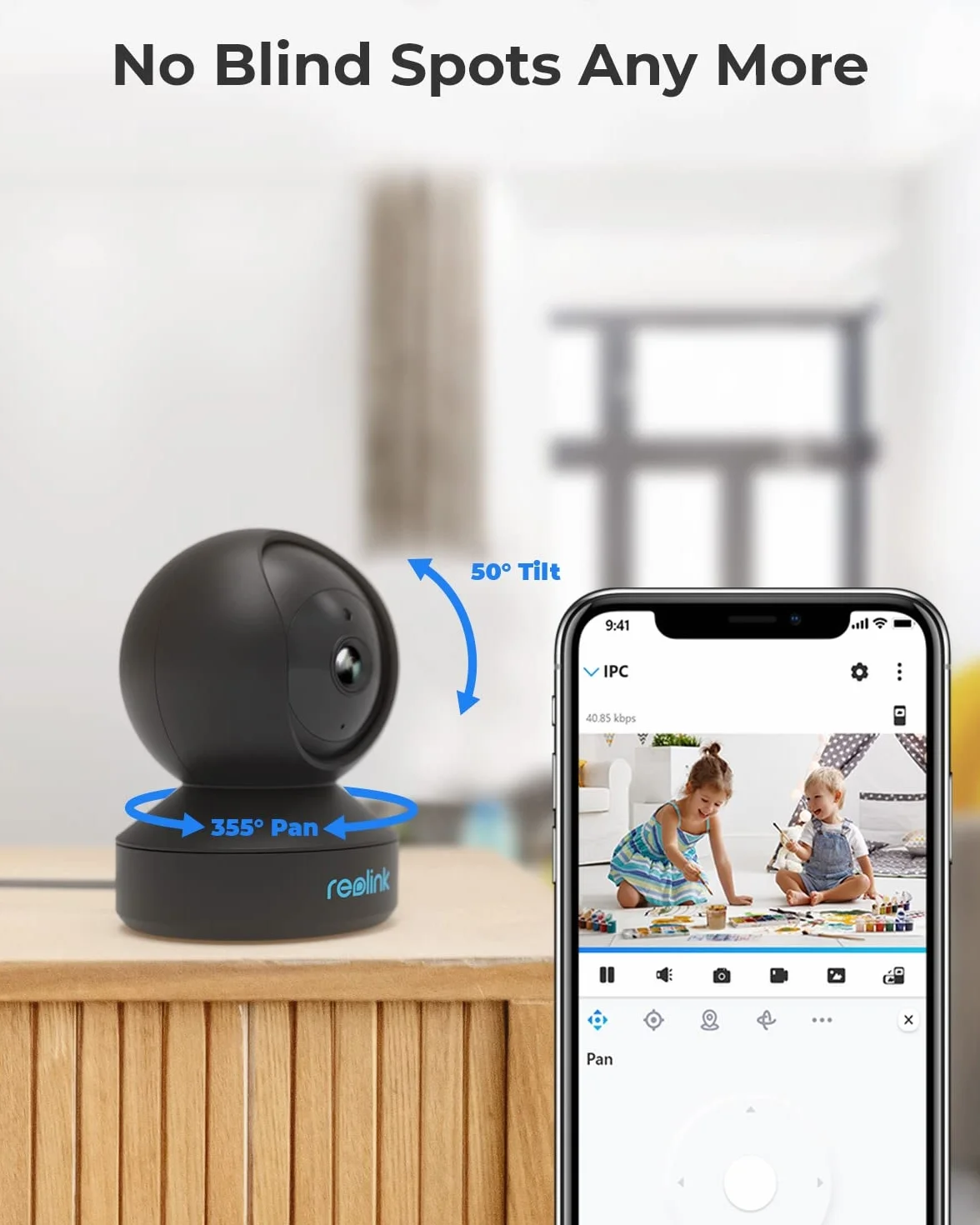 Reolink 3MP WiFi Wewnętrzna Kamera Bezpieczeństwa, 2.4GHz WiFi CCTV Kamera dla Starszego Dziecka, Monitor Zwierzaka z Pochyleniem Pan/Wizja Nocna / 2-Drożny Dźwięk/Wykrywaniem Ruchu, E1 Czarny