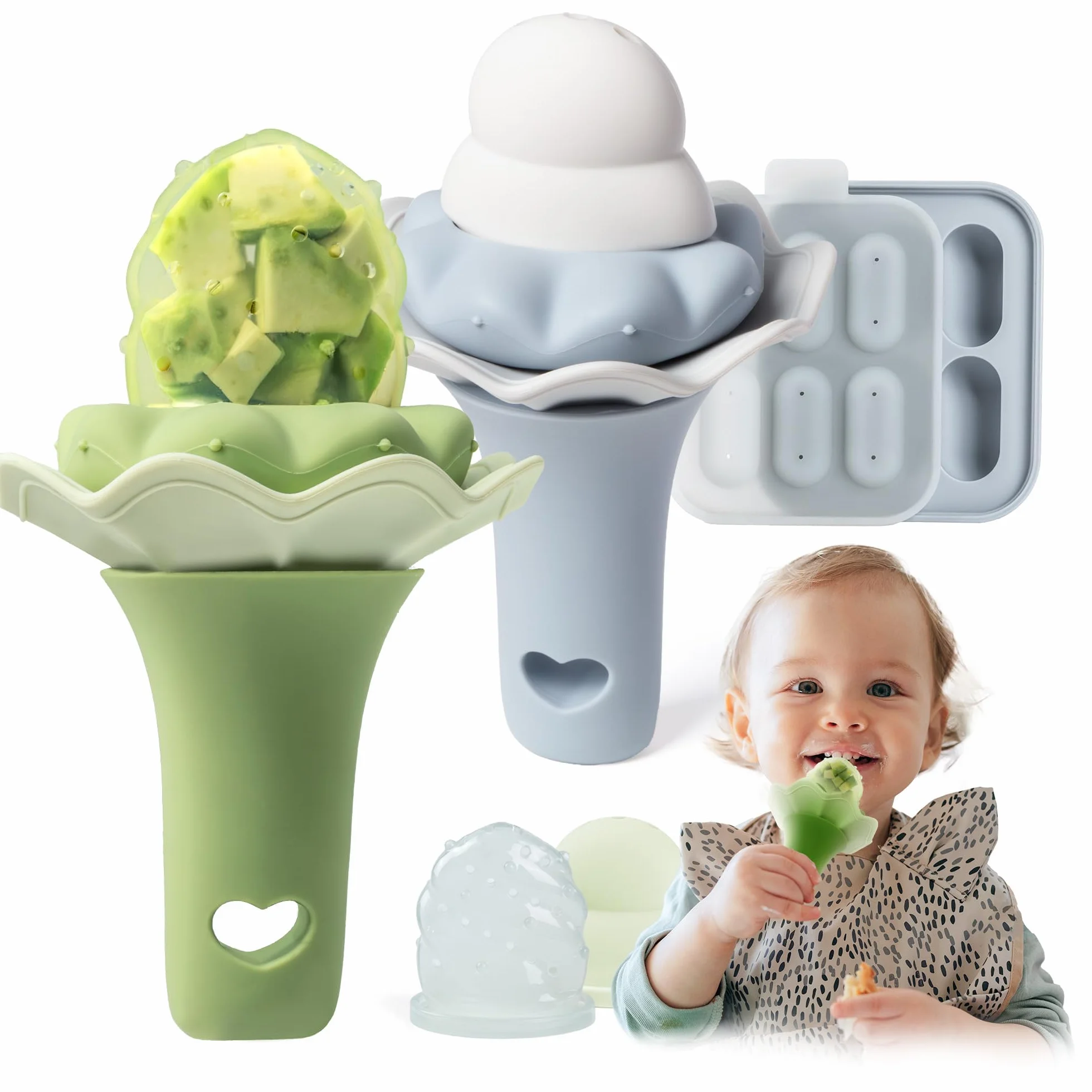 Moonkie Karmnik na owoce dla niemowląt z tacą do zamrażarki | Silikonowy podajnik żywności dla niemowląt bez BPA z woreczkami w dwóch rozmiarach | Prezenty na baby shower | 4 miesiące+ Led Weaning, 2