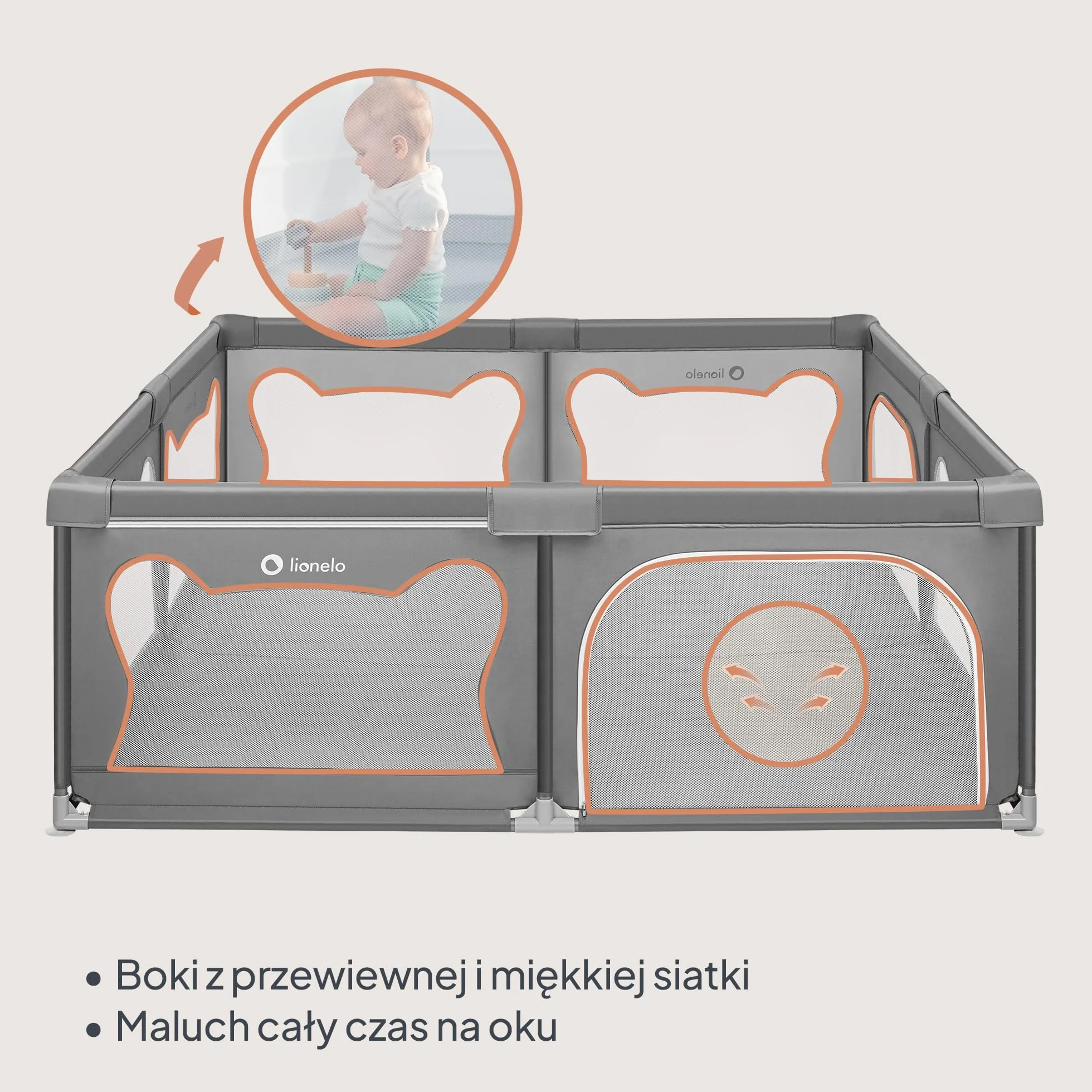 LIONELO WILLOW XL Składany Kojec dla Dziecka, od 0-48 miesięcy, Duża Przestrzeń 187 cm x 207 cm x 68 cm, Kojec dla Niemowląt z Oddychającą Siatką, 2 Boczne Wejścia na Zamek (Szary)