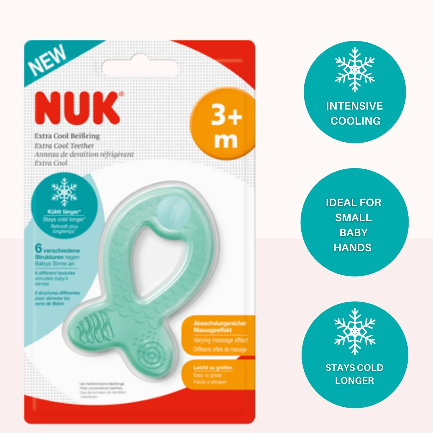 NUK 10256450 Extra Cool pierścień do gryzania z efektem chłodzenia i masażu, od 3. miesiąca życia, 1 sztuka, wielokolorowy