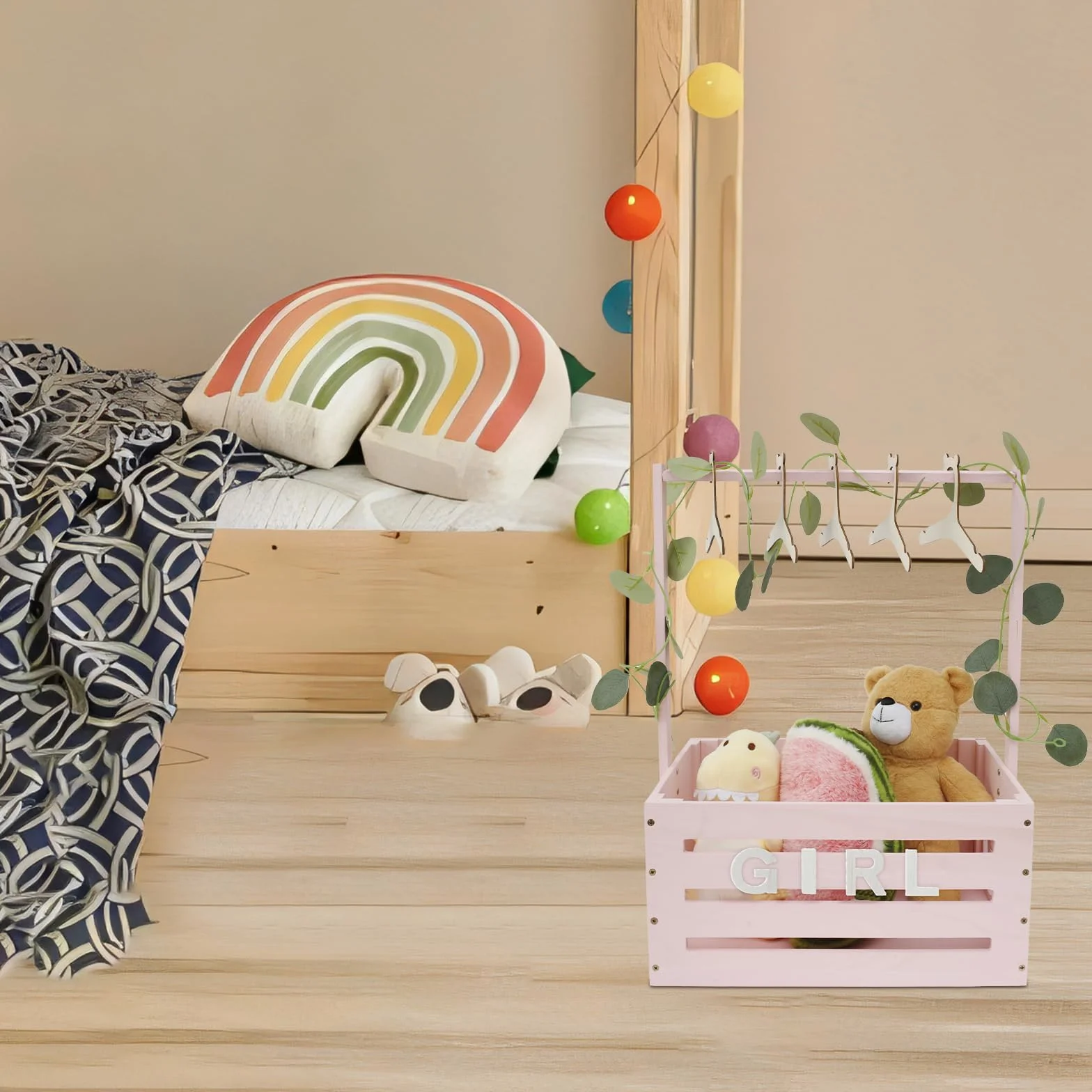 Kosz dla niemowląt z uchwytem, drewniana szafka na baby shower, praktyczna drewniana skrzynka na baby shower z drążkiem, szafka na baby shower z drewna, kosz na pranie dla dzieci, prezent (różowy)