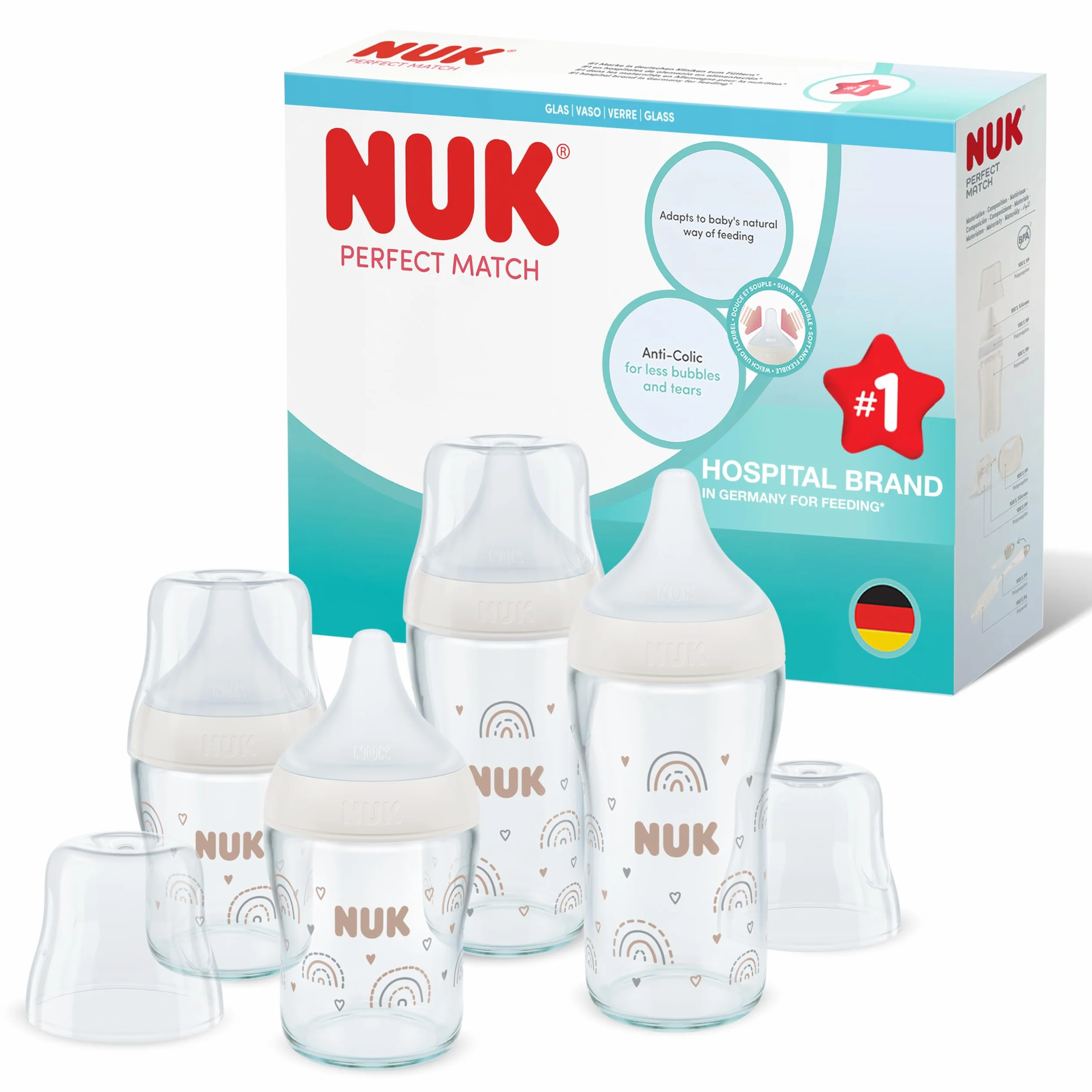 NUK Perfect Match zestaw szklanych butelek dla niemowląt 120 ml 230 ml antykoliczne nie zawiera BPA
