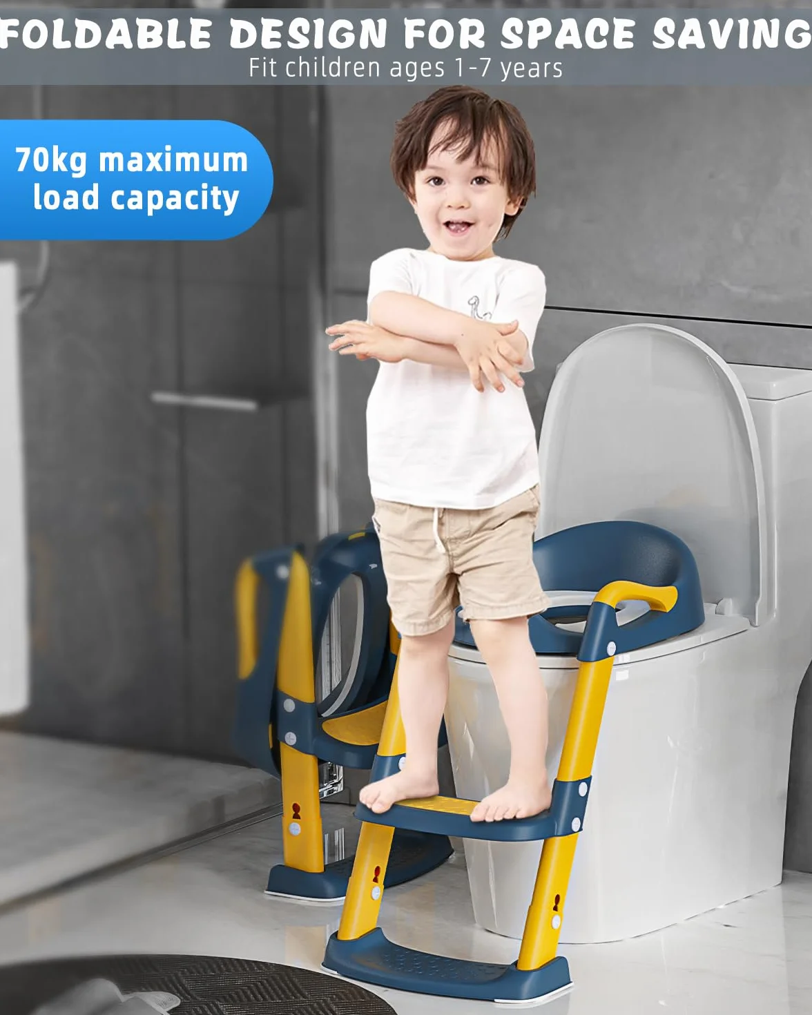 Xespis Deska sedesowa dla dzieci ze schodkami, trener toaletowy, dla chłopców i dziewczynek, dla dzieci z wyściełaniem, regulacją wysokości i składaniem, antypoślizgowa(żółty/niebieski)