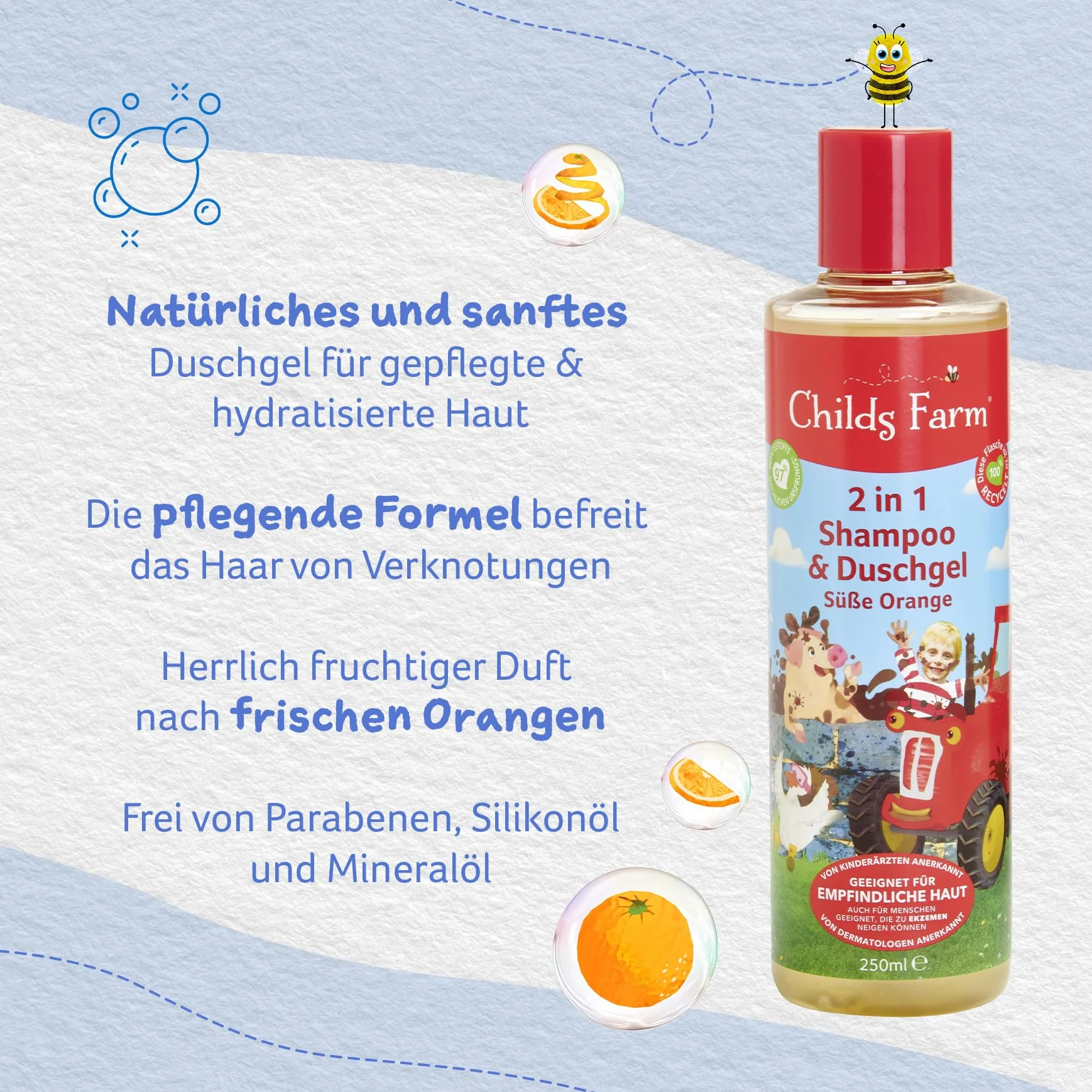 Childs Farm Szampon i żel pod prysznic dla dzieci 2 w 1 250 ml | bio słodka pomarańcza | delikatnie czyści | nadaje się do skóry suchej, wrażliwej i skłonnej do atopowego zapalenia skóry