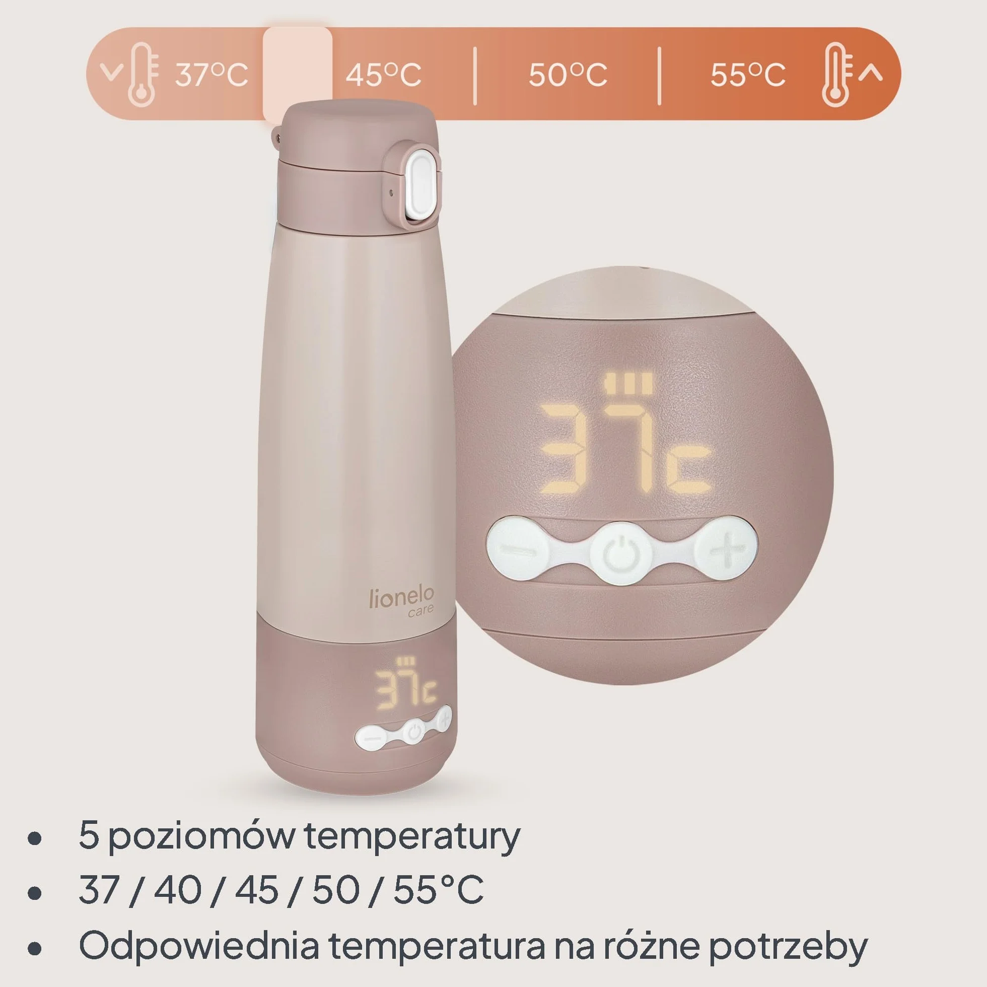 Lionelo Thermup przenośny podgrzewacz do butelek bezprzewodowy stal nierdzewna 37-55°C
