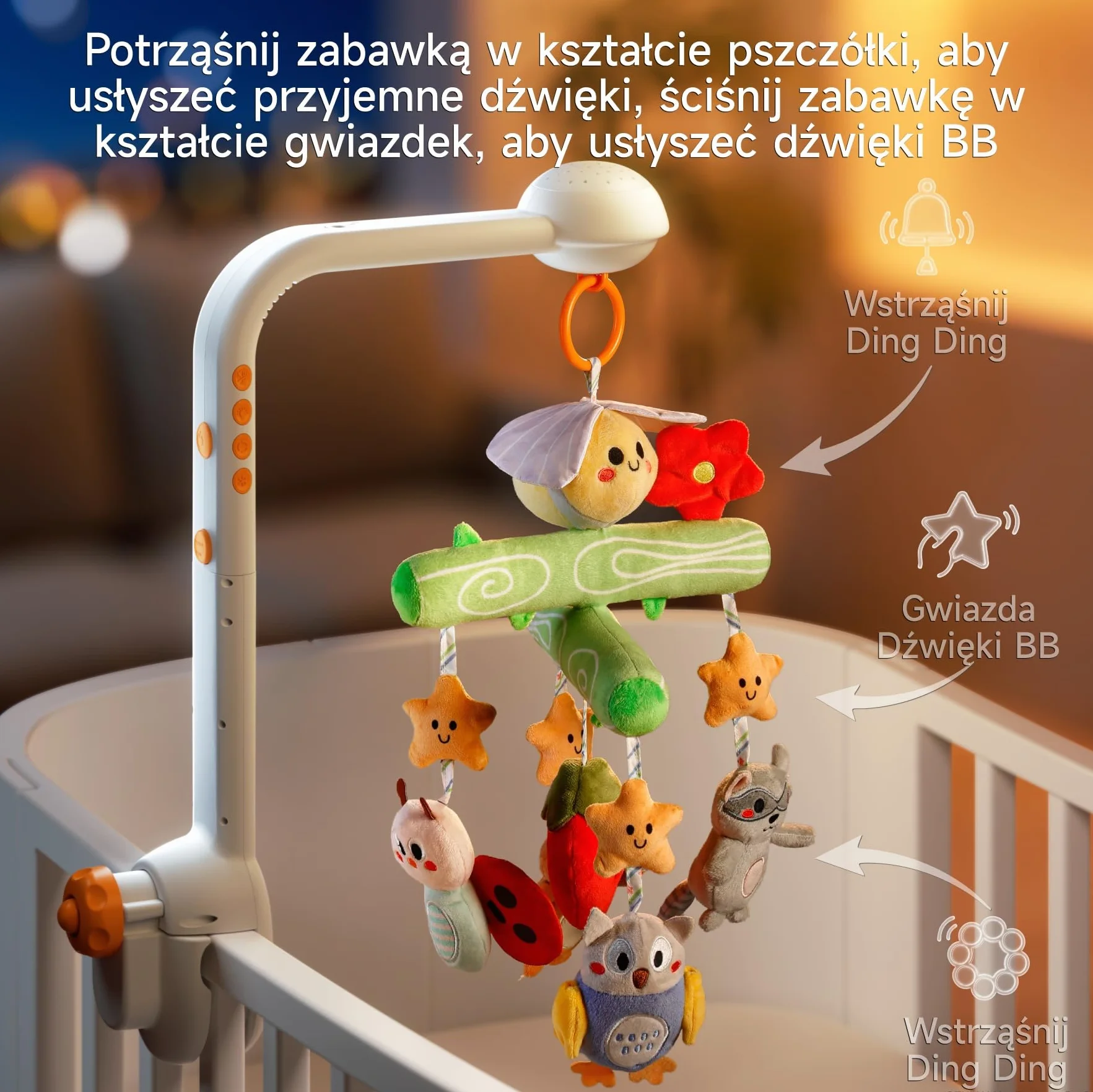 TUMAMA KIDS Mobilne łóżko muzyczne, lampka nocna z projekcją światła, zabawka dla niemowląt 0 3 6 9 miesięcy, mobilny pilot do łóżeczka dla dziecka sensoryczna zabawka na prezent dla urodzonych