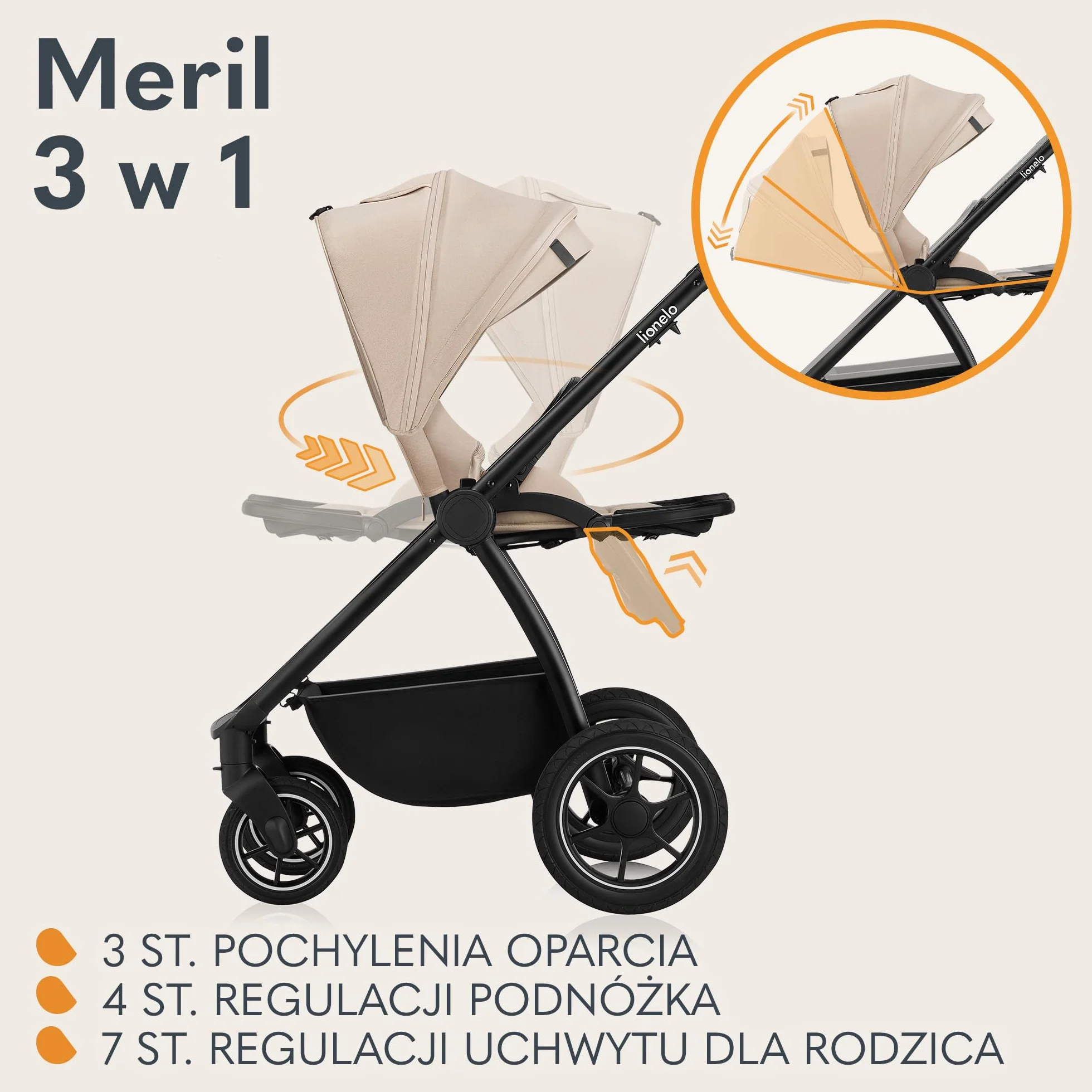 LIONELO MERIL 3 in 1 Wielofunkcyjny Wózek Dziecięcy 0-48 Miesięcy Do 22 Kg, Gondola Do 9 Kg, Fotelik Samochodowy Do 13 Kg, Koła Terenowe 360°, Pełna Amortyzacja, Budka XXL UPF50+ (Beżowy)