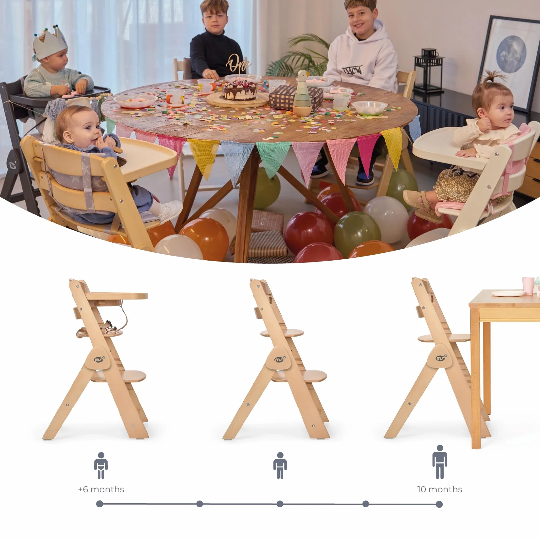 Ms BabyWorld Składane krzesło dziecięce w całości z drewna, w pełni składane, ewolucyjne, wysokie krzesło, ergonomiczne, regulowane, bezpieczne, naturalne/szare