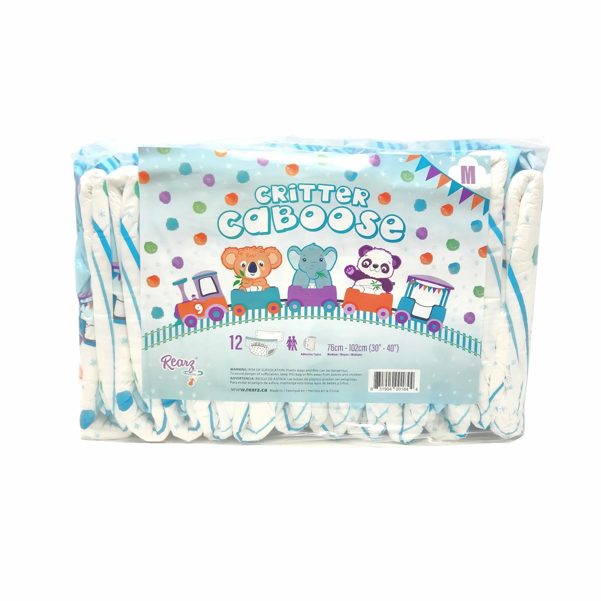 Rearz - Critter Caboose krótkie pieluchy z nadrukiem dla dorosłych - 12 sztuk - 7600 ml (rozmiar L (84-107 cm)