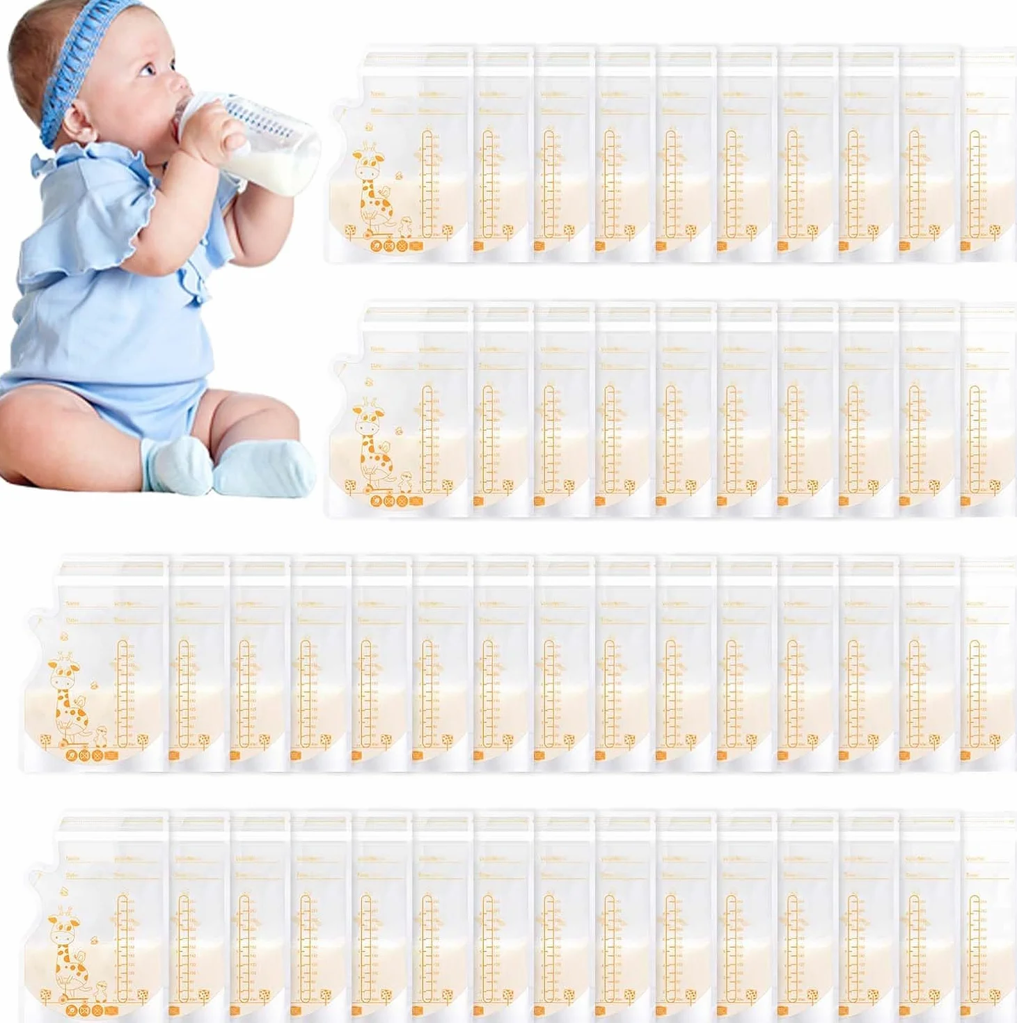 Vinabo Worek do przechowywania mleka matki, 50 szt., torba do zamrażania mleka matki, 250 ml, konserwacja mleka matki, wstępnie sterylizowane, bez BPA, saszetka na mleko matki, podwójna bezpieczna