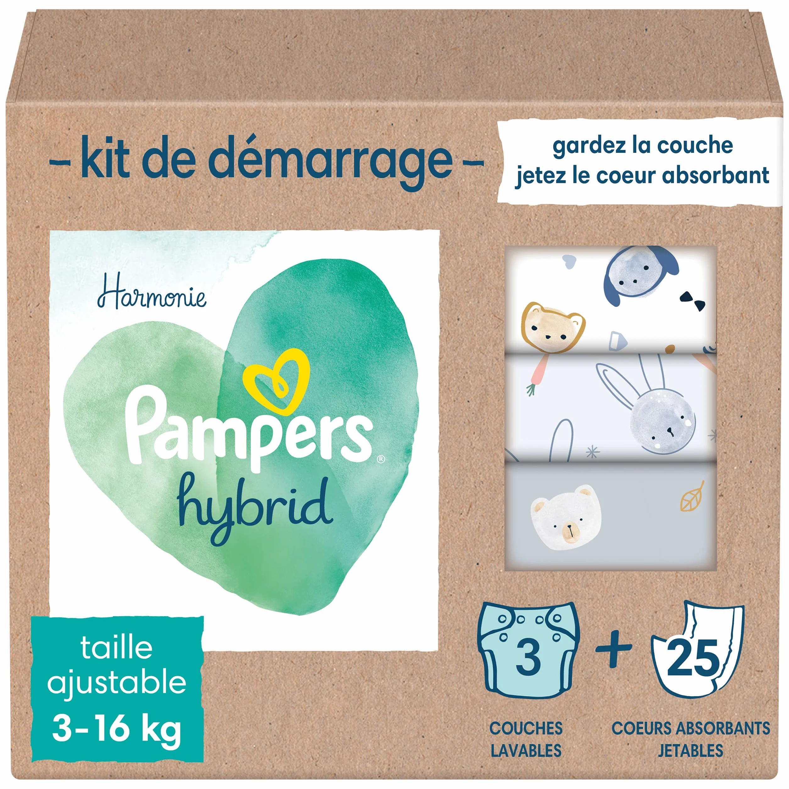Pampers - Harmony Hybrid Starter Pack, 3 pieluchy do prania + 25 jednorazowych warstw wierzchnich - 1 opakowanie
