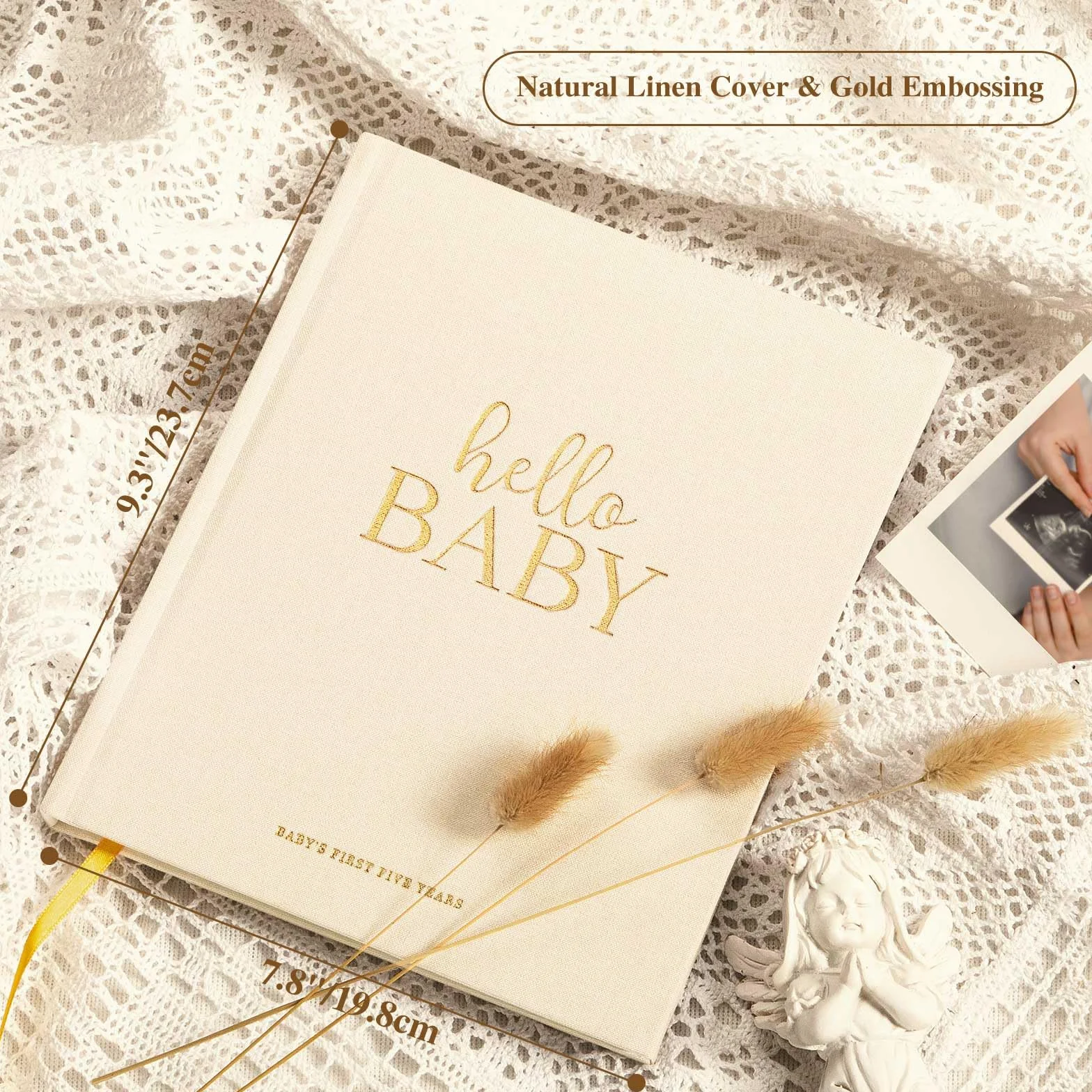 Lanpn Hello Baby Pierwsza 5-letnia książka pamiątkowa dla noworodka, liana twarda okładka, pamiętnik dla nowych rodziców, album fotograficzny, kamień milowy (beżowy,}