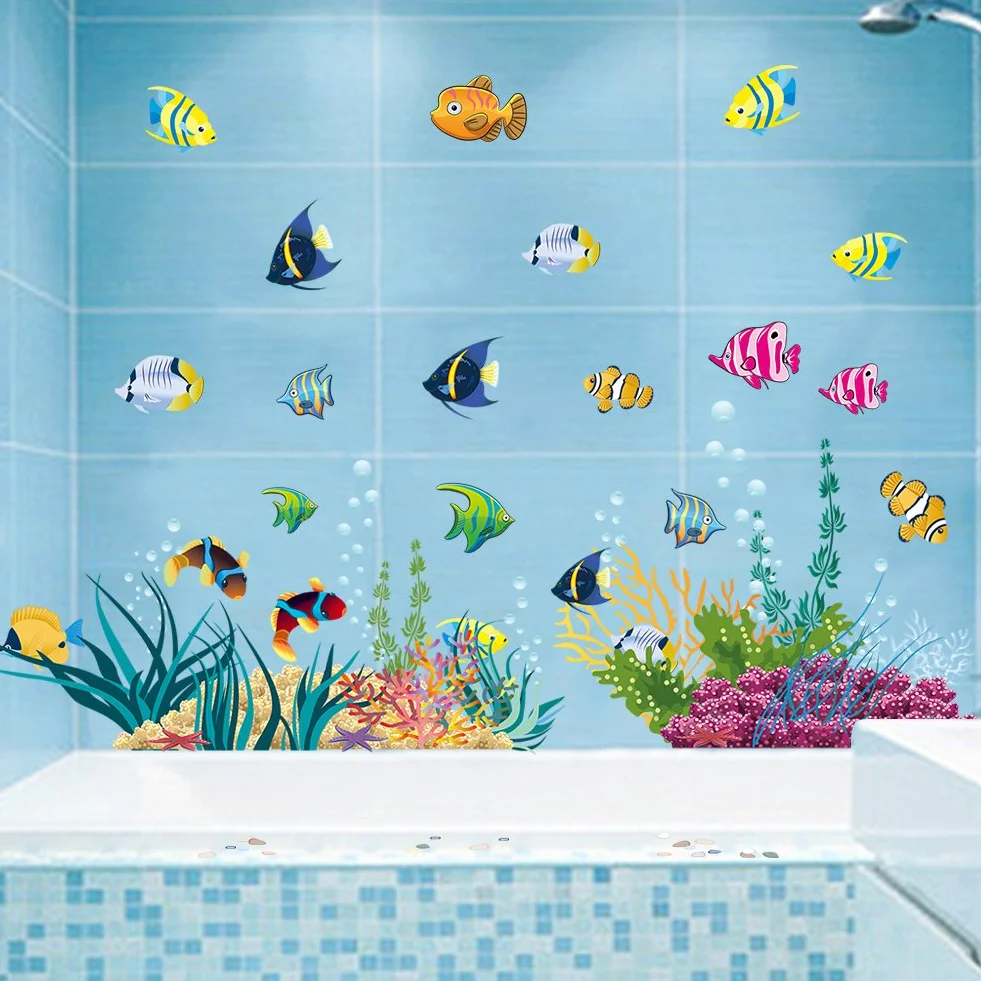 WandSticker4U® - Naklejki ścienne dla dzieci ZWIERZĘTA MORSKIE (130 x 42 cm) I winylowa naklejka ścienna łazienka ryba ocean podwodny świat I dekoracja łazienki płytki pokój dziecięcy duży