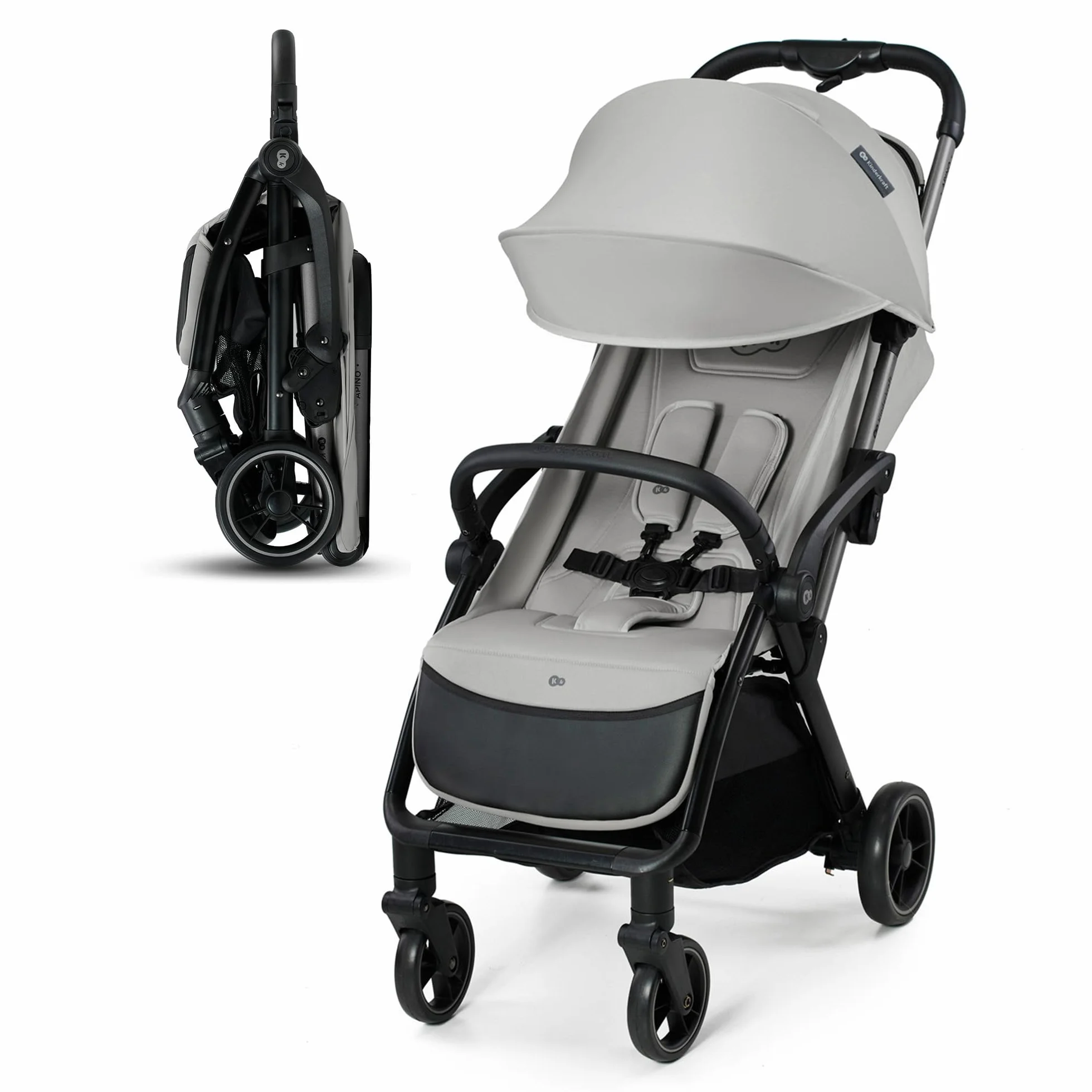 Kinderkraft APINO Lekka Spacerówka, Wózek dziecięcy, Idealny na podróż, AUTO FOLDING, Składany, Kompaktowy, Lekki, Tylko 7,5kg, Wodoodporna budka, Regulacja oparcia, obciążenie do 24kg, Szary