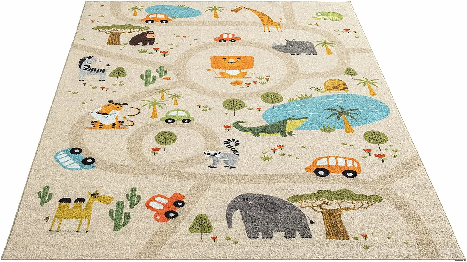 the carpet Happy Life - Pokój dziecięcy, dywan dziecięcy, mata do zabawy, można prać, dywan z drogami, drogi, dżungla, zwierzęta, samochód., Beżowy-1, 80 x 150 cm