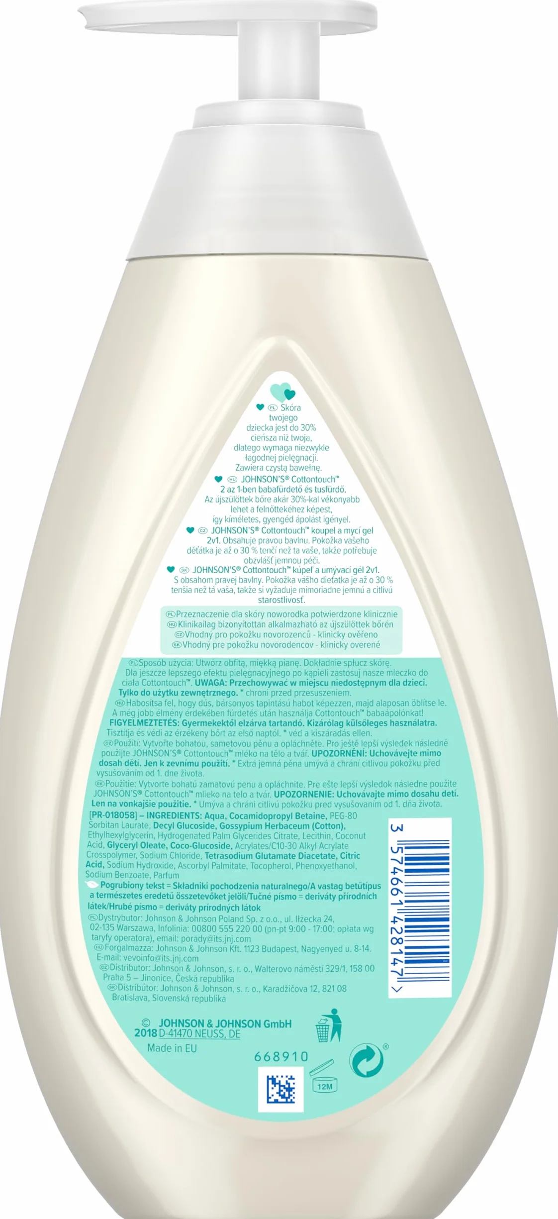 Johnson's Cotton Touch płyn do kąpieli 2 w 1 500 ml z pompką dla noworodków