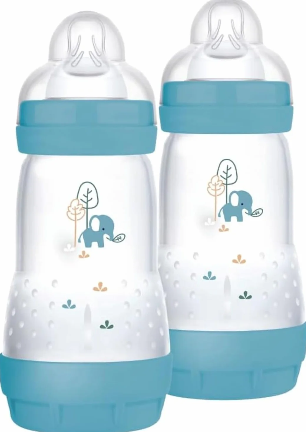 MAM Butelka dla niemowląt Easy Start, 2 butelki dla niemowląt, 2-4 miesiące, 260 ml ze strumieniem smoczka 2 na 2 miesiące, silikonowe SkinSoft, Bio-okrągłe, jasnoniebieskie