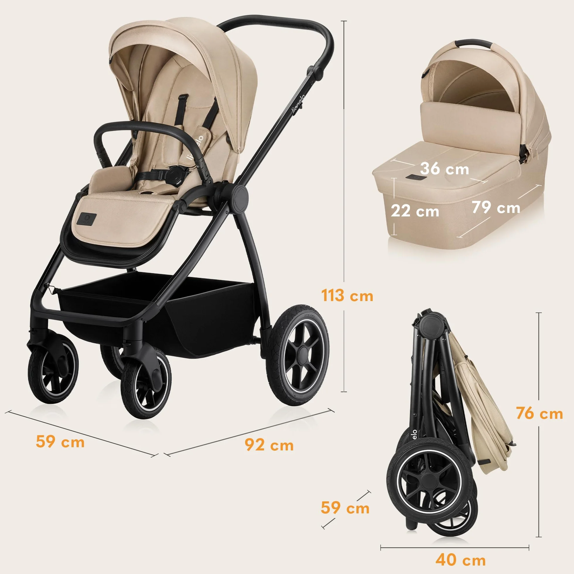 LIONELO MERIL 3 in 1 Wielofunkcyjny Wózek Dziecięcy 0-48 Miesięcy Do 22 Kg, Gondola Do 9 Kg, Fotelik Samochodowy Do 13 Kg, Koła Terenowe 360°, Pełna Amortyzacja, Budka XXL UPF50+ (Beżowy)